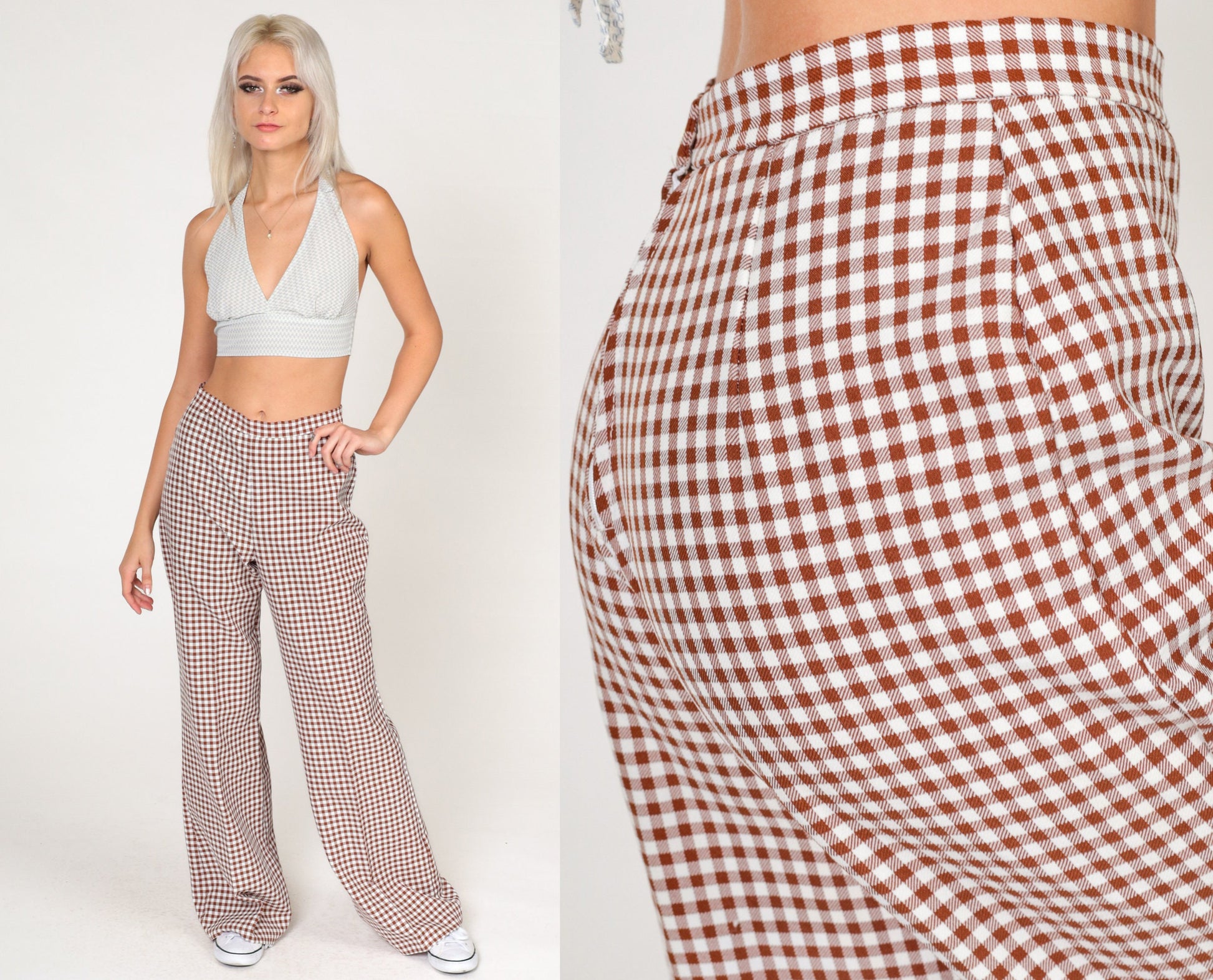 70s Gingham Bell Bottom Pants Brown White High Rise Flared Trousers Small