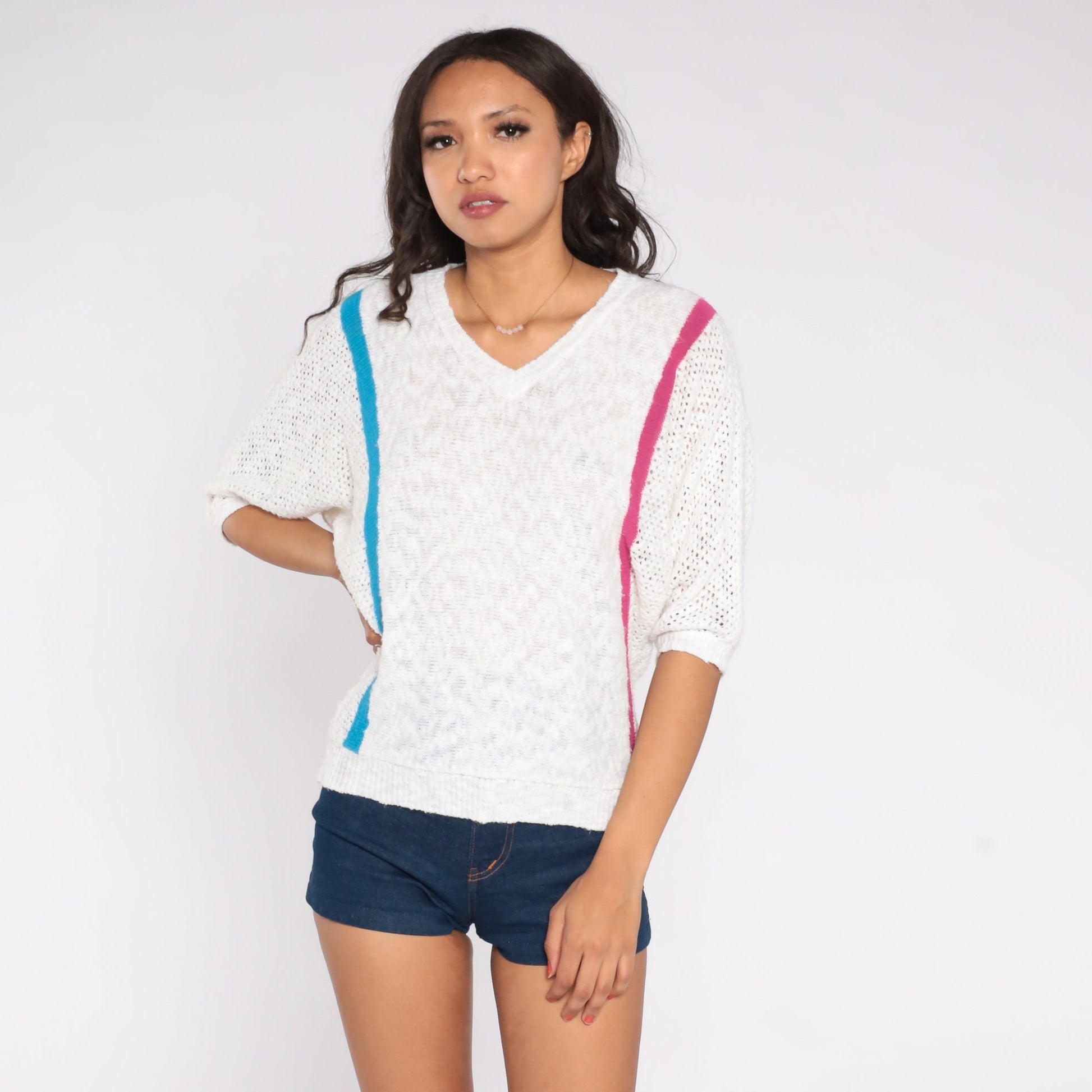 80s White Striped Knit Sweater Top Pink Blue V-Neck Short Sleeve Medium Large