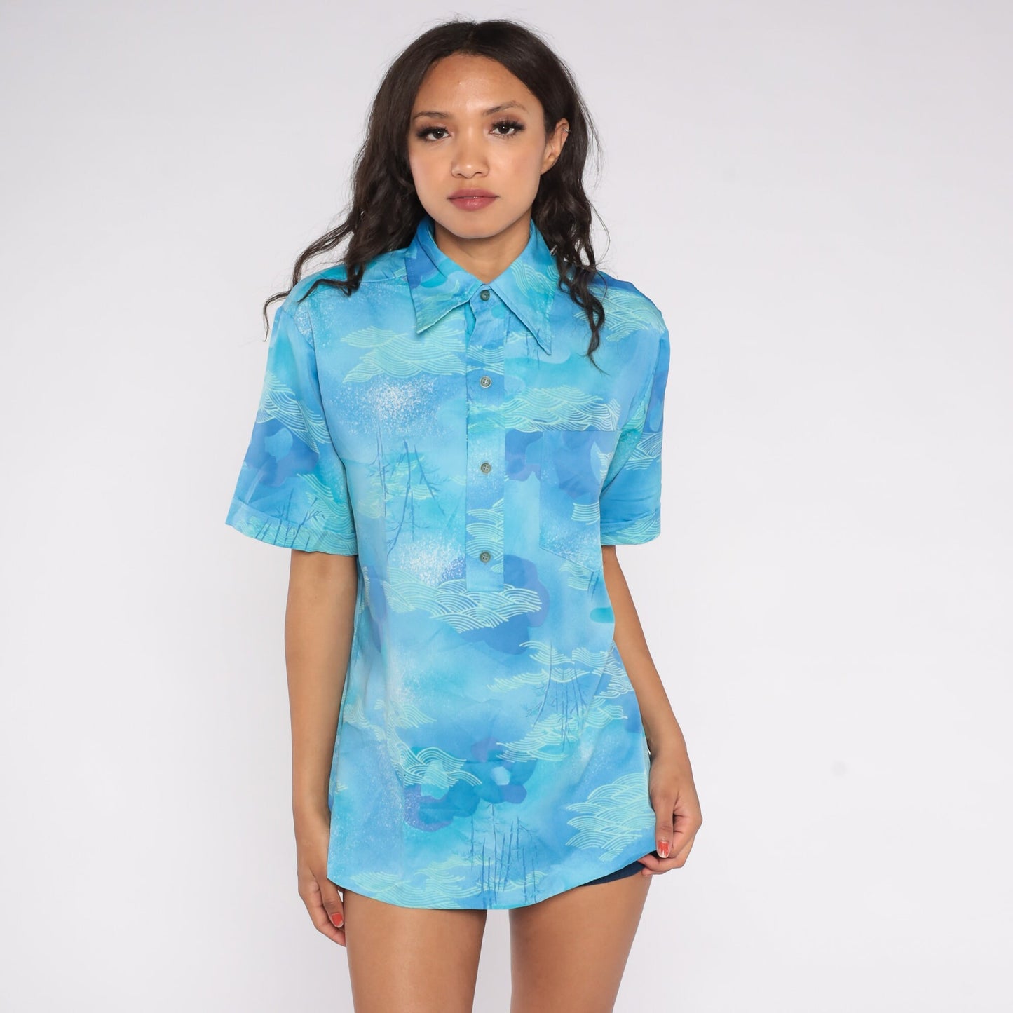 70s Lehua Hawaii Polo Shirt Blue Abstract Cloud Wave Print Medium M