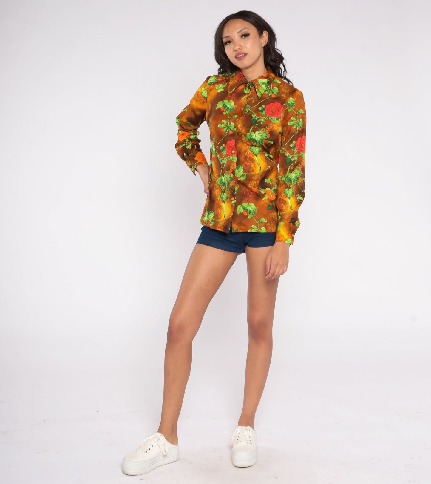 70s Floral Disco Shirt Brown Yellow Cloud Dye Button Up Pointed Collar Medium