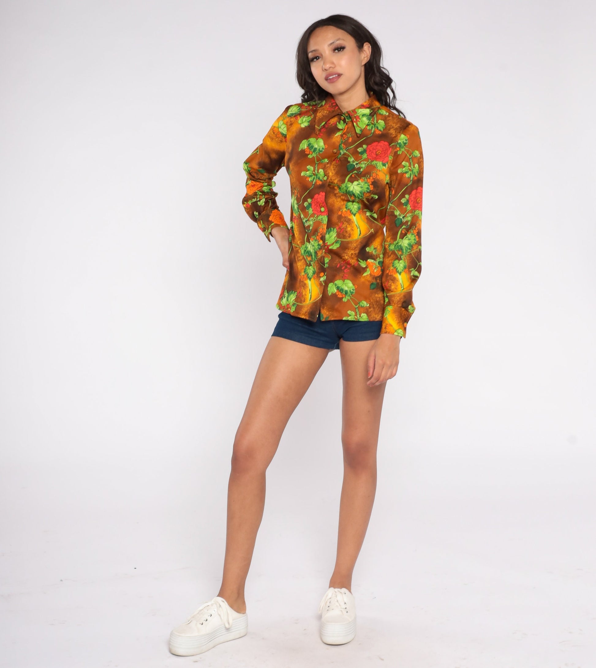 70s Floral Disco Shirt Brown Yellow Cloud Dye Button Up Pointed Collar Medium