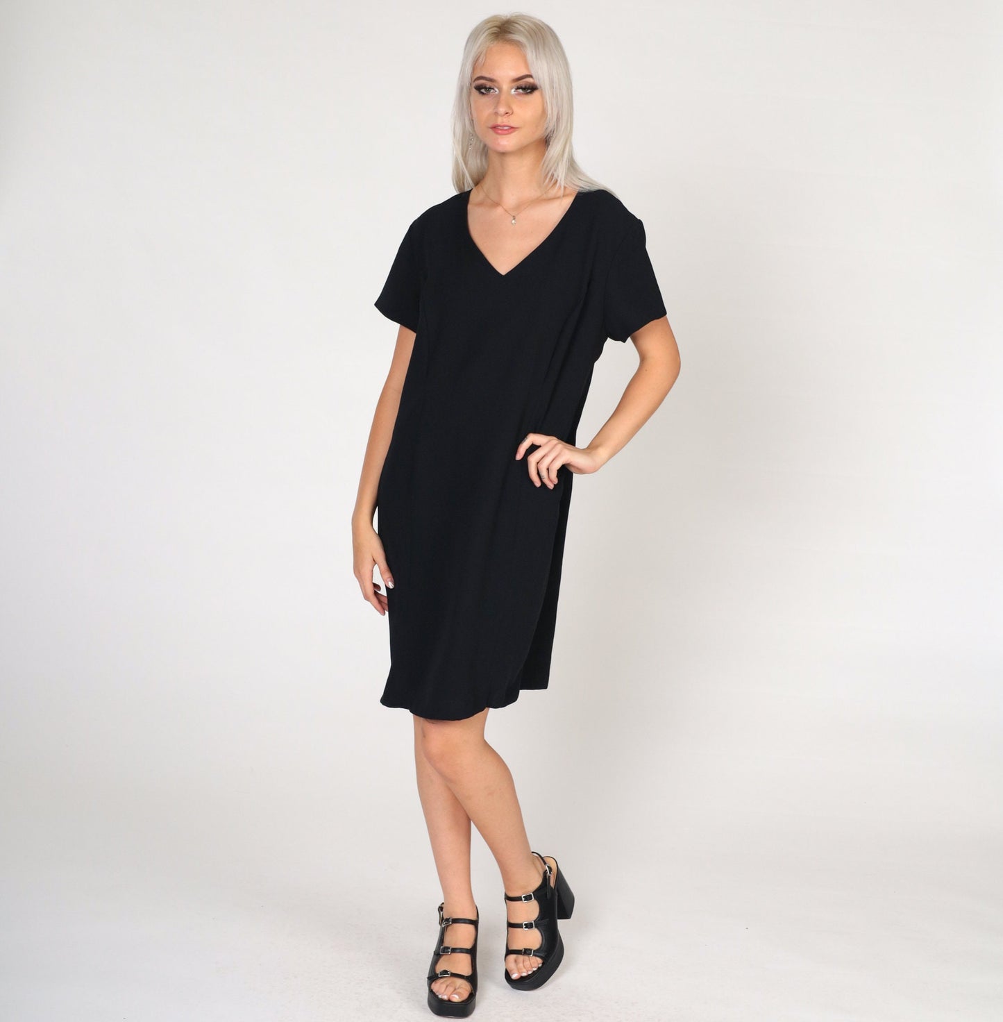 90s Black Mini Dress Sheath Cut Short Sleeve Petite 14
