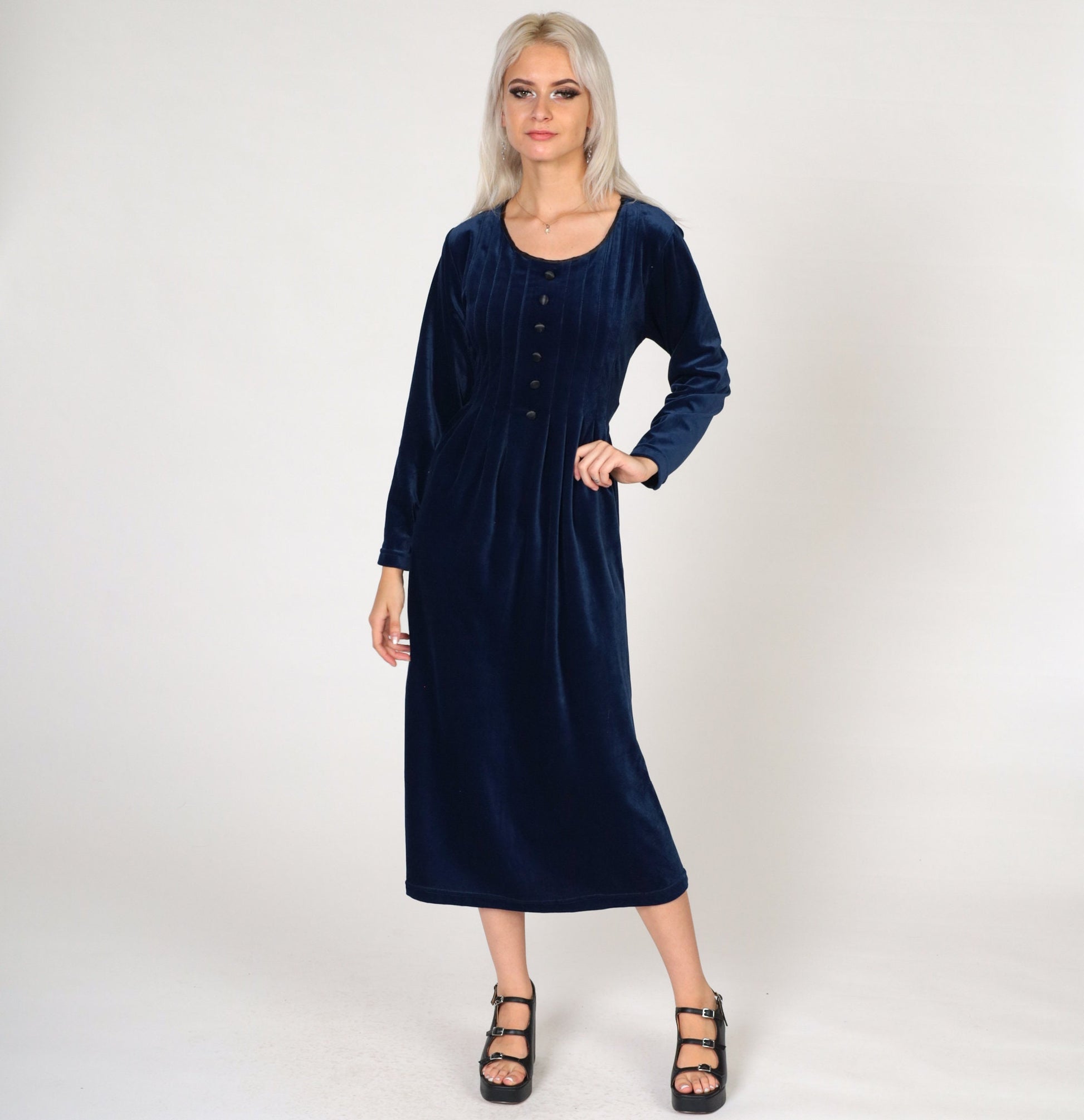 90s Blue Velvet Midi Dress Long Sleeve Button Shift – Shopexile