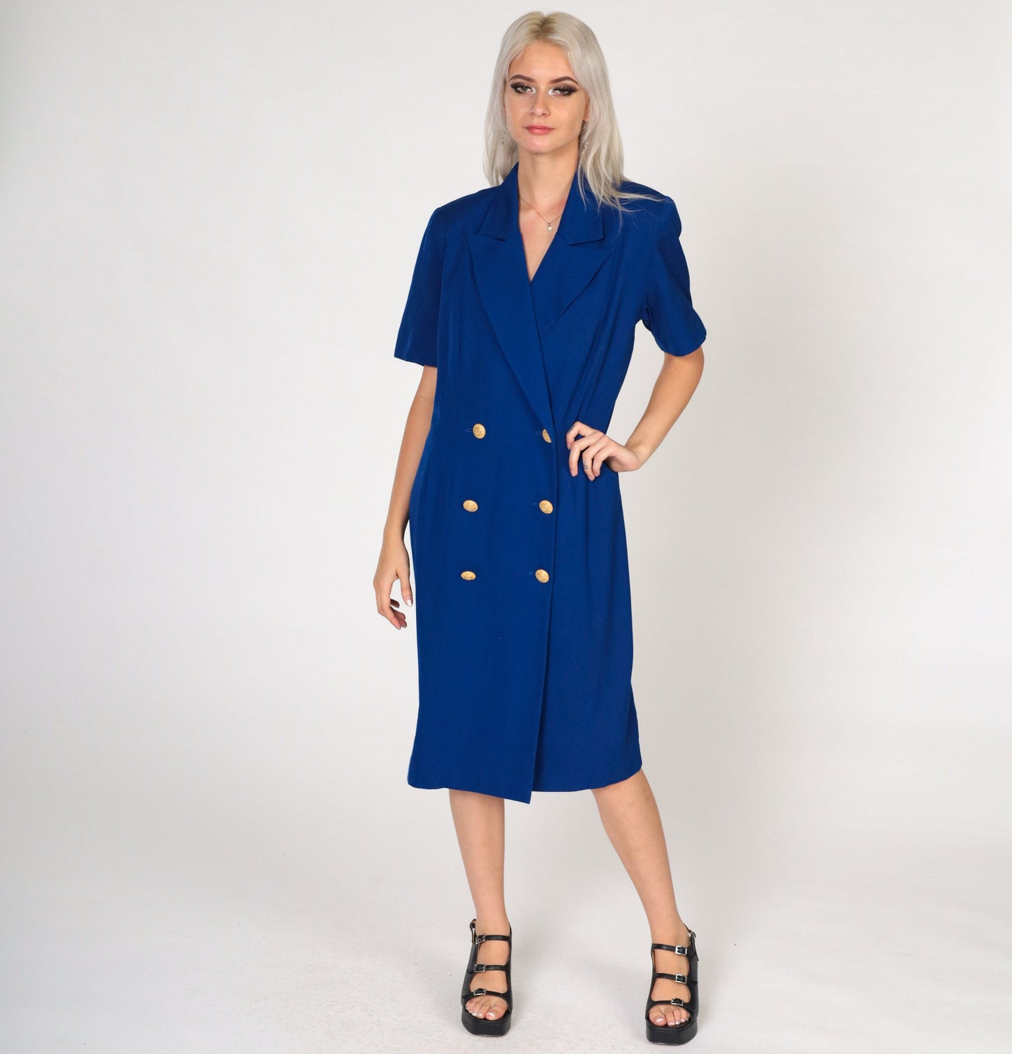 80s Royal Blue Double Breasted Button Up Midi Dress Gold Trim Medium 10