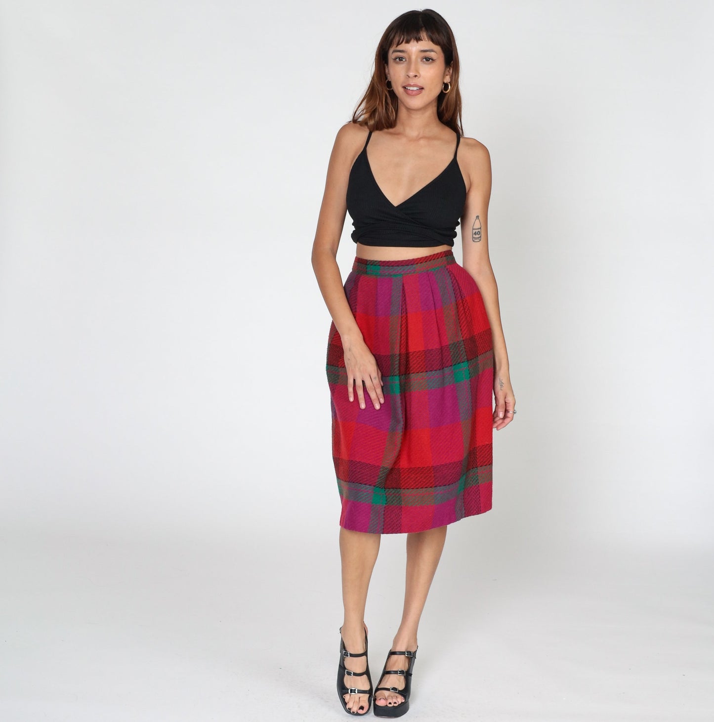 70s Red Plaid Midi Skirt High Waisted A-Line Pockets Small