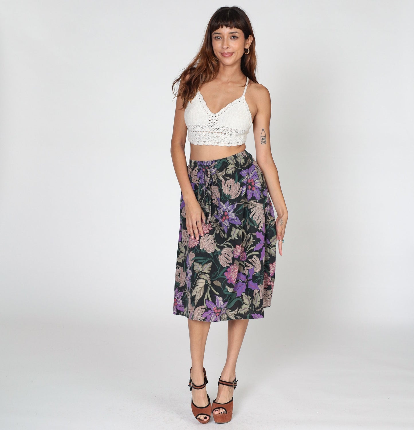 80s Black Floral Midi Skirt High Waist Purple Dahlia Print Small