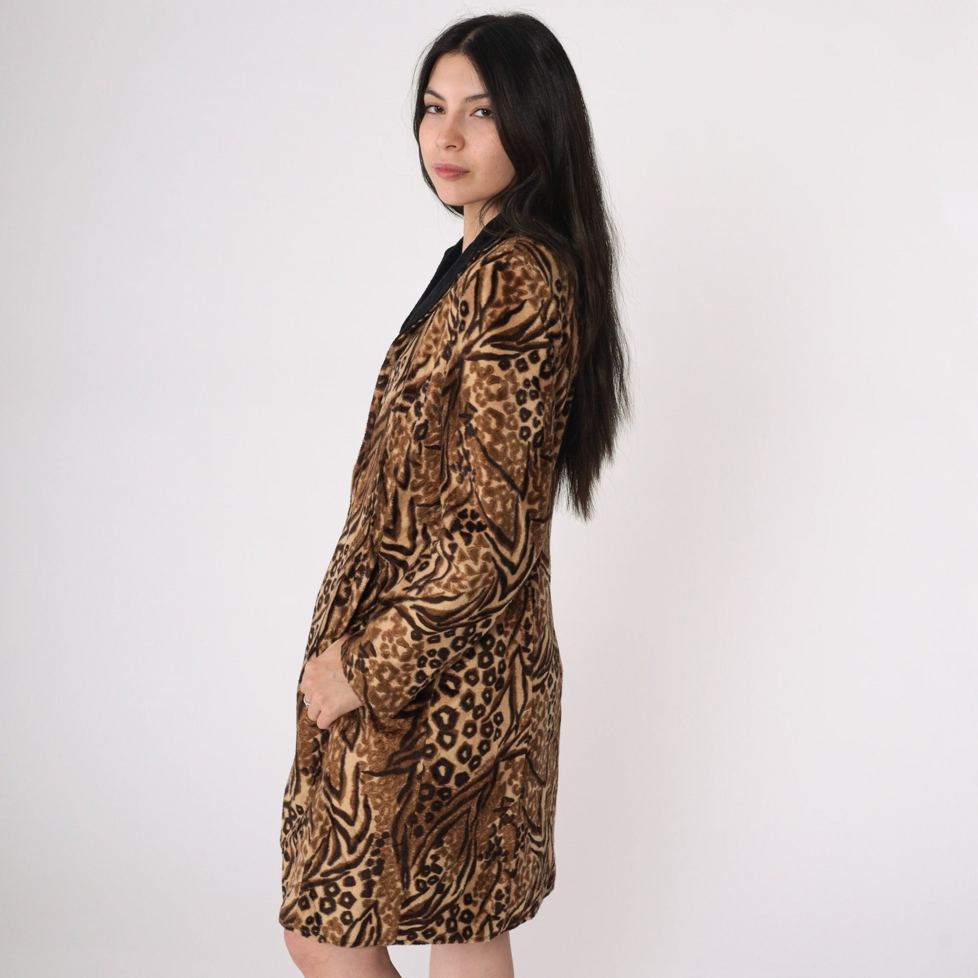 80s Leopard Tiger Print Faux Fur Coat Black Collar Small S