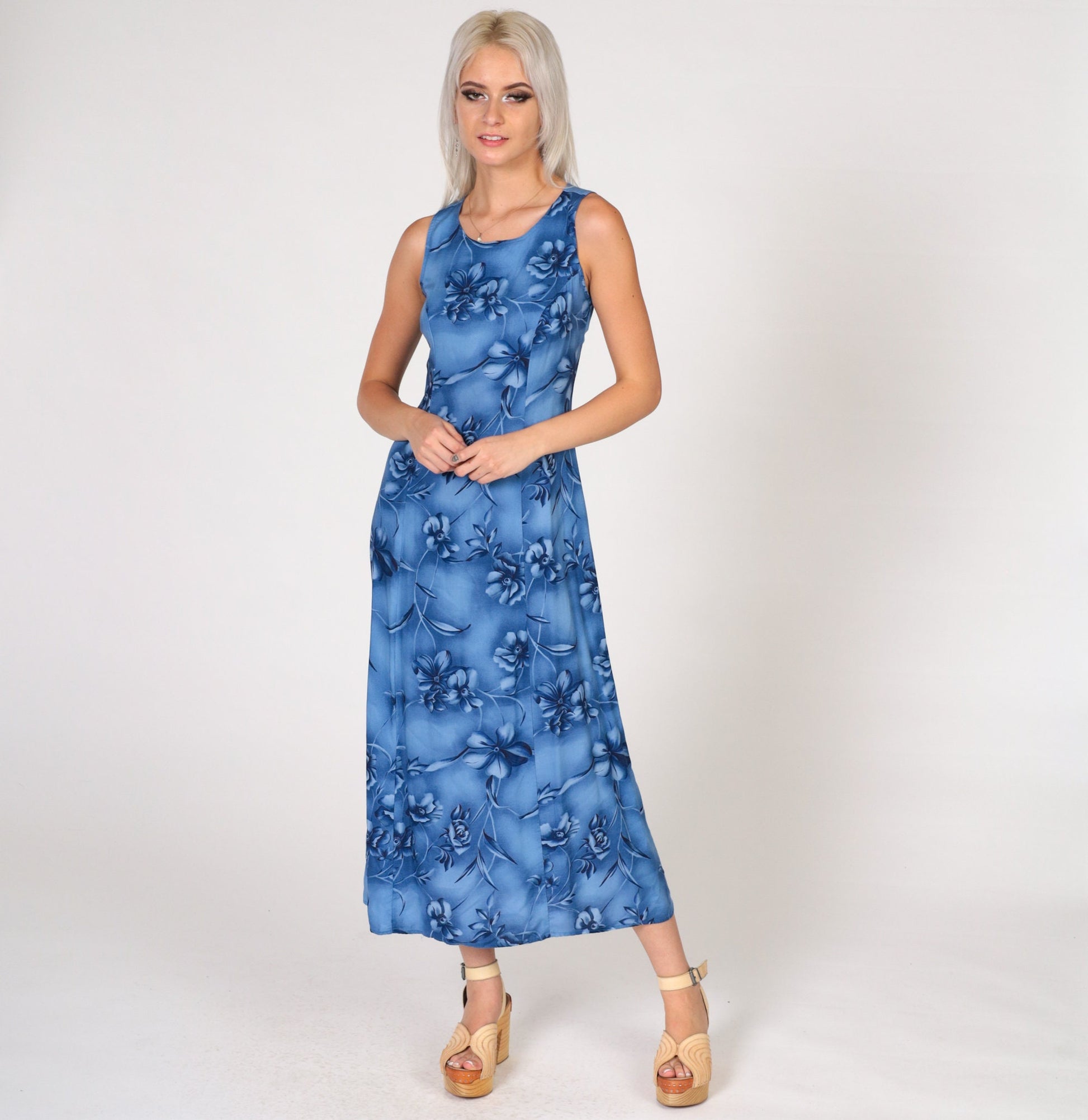 90s Blue Floral Sheath Dress Sleeveless Ankle Length Extra Small