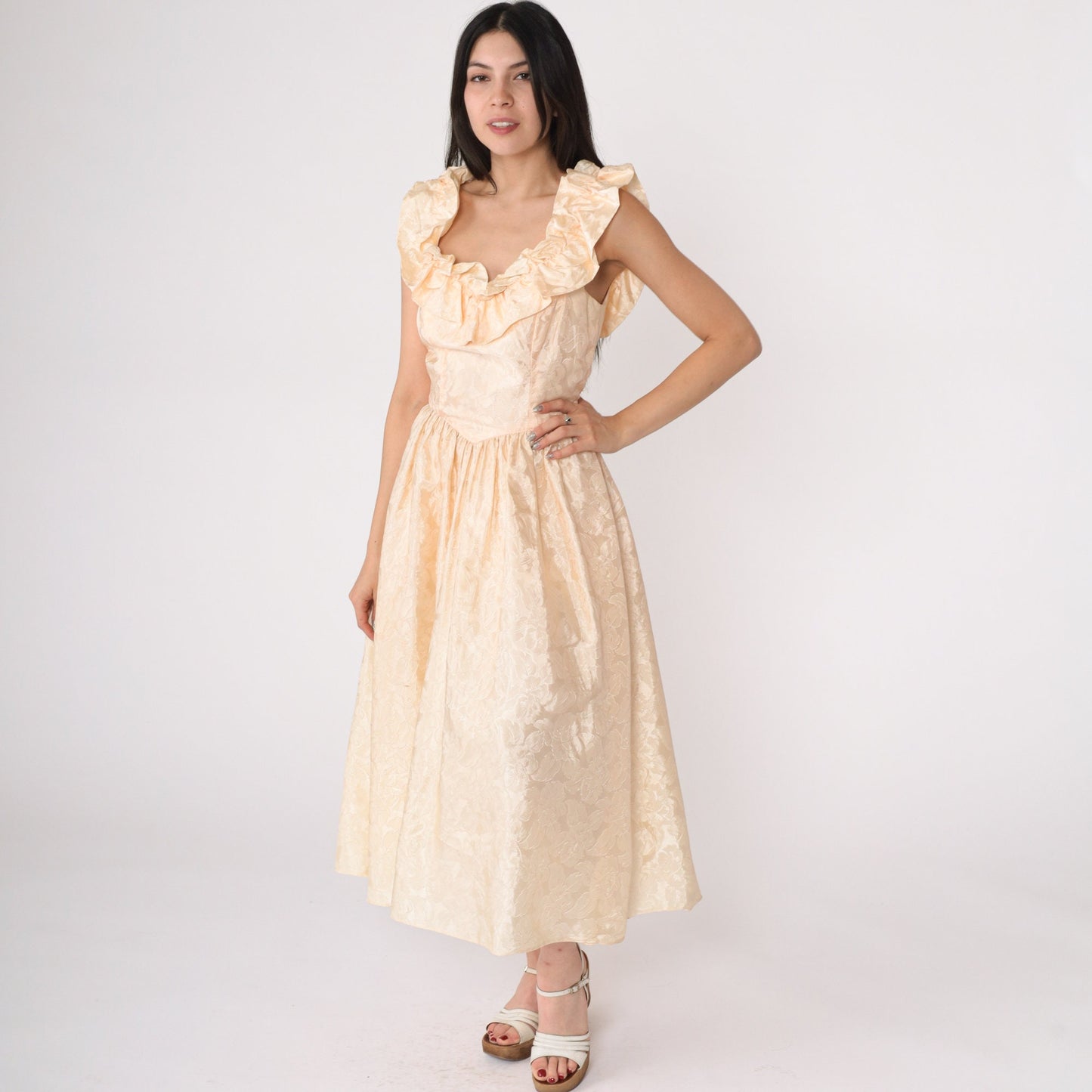 80s Peach Floral Embossed Prom Dress Basque Waist Midi Ruffled Neckline Small