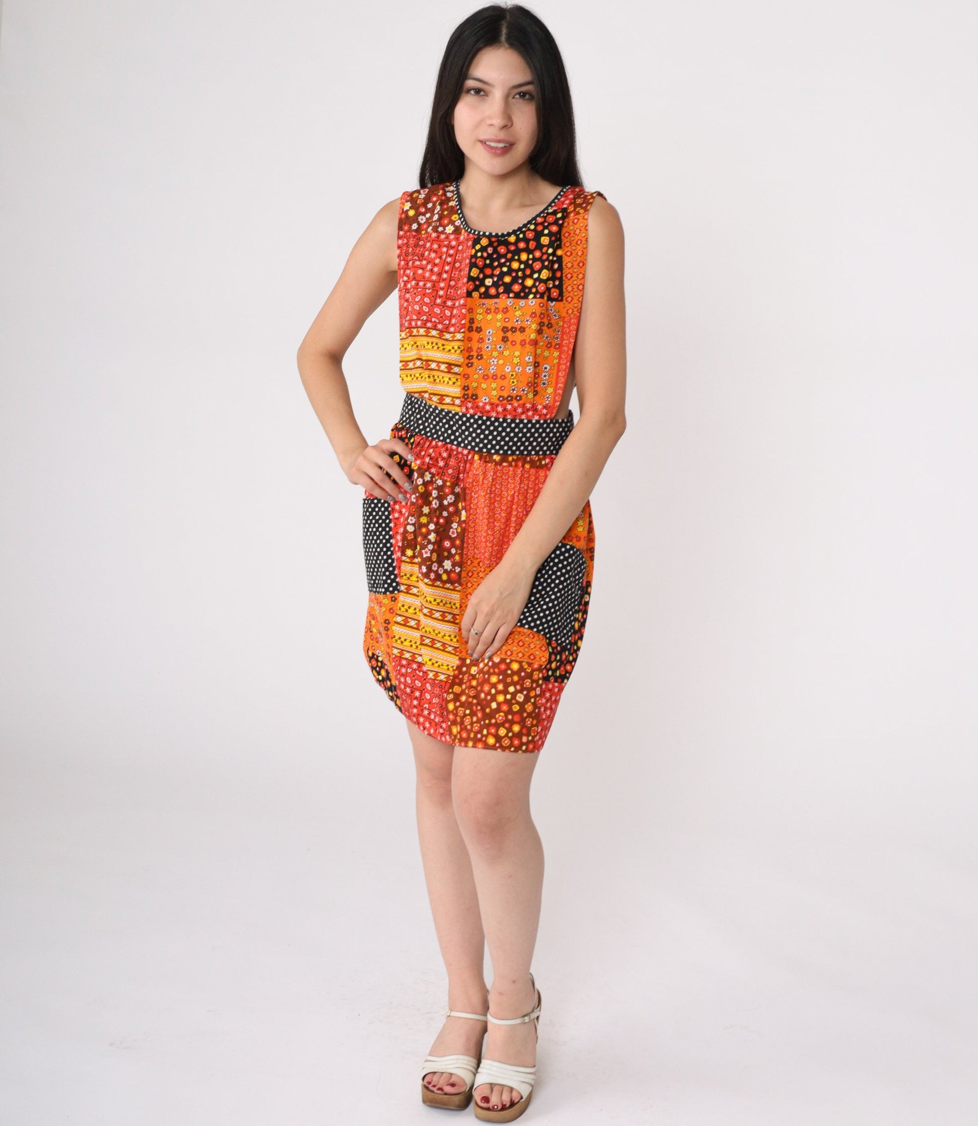 70s Patchwork Floral Apron Dress Orange Mini Sleeveless High Waist Small