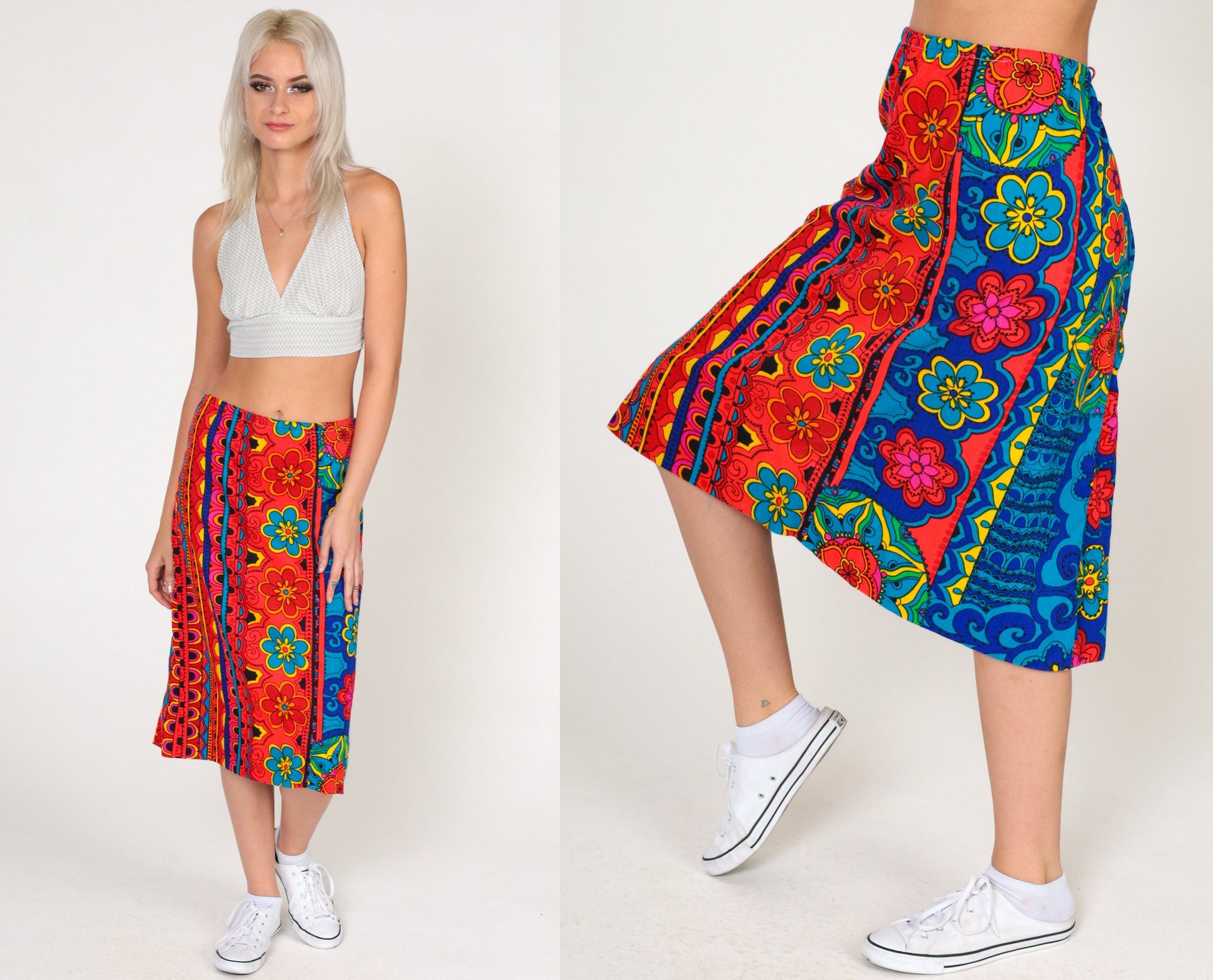 70s Floral Midi Skirt High Waist Blue Orange Striped Plus Size XL