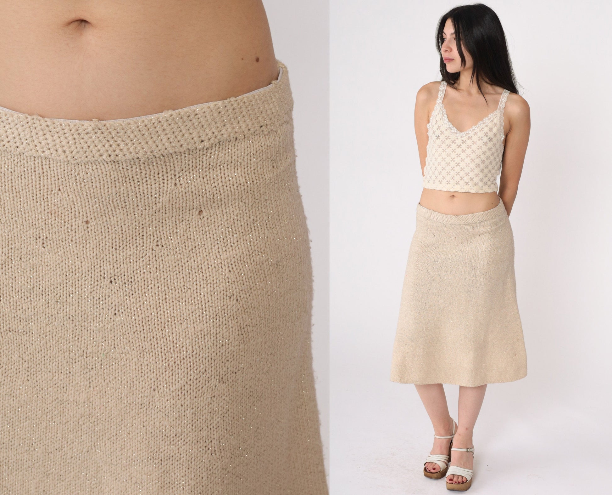 80s Beige Metallic Knit Pencil Skirt Silver Threads Elastic Waist Small Medium