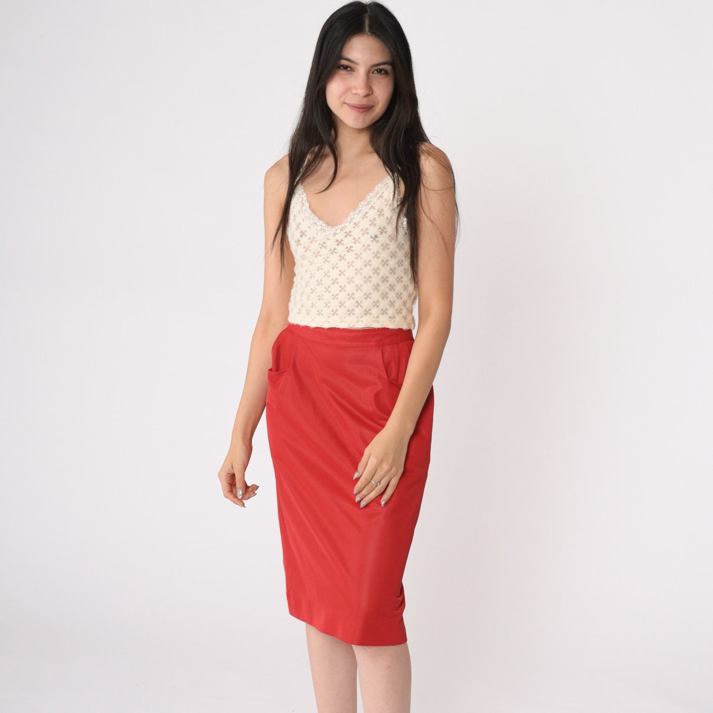 60s Red Pencil Skirt High Waist Midi Rear Zip Extra Small