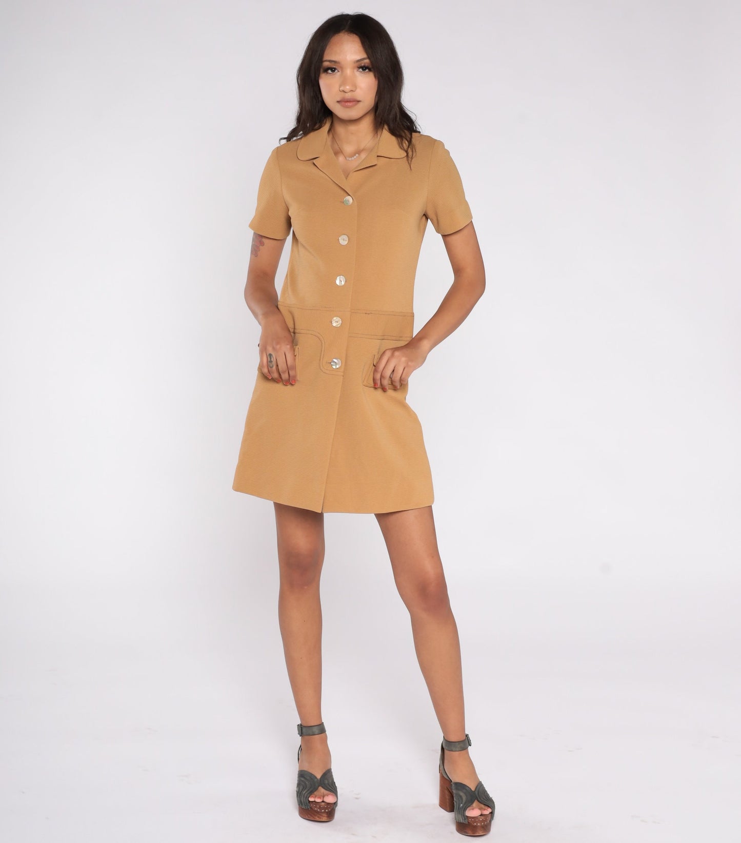 60s Mod Tan Shift Mini Dress with Built-In Shorts Medium
