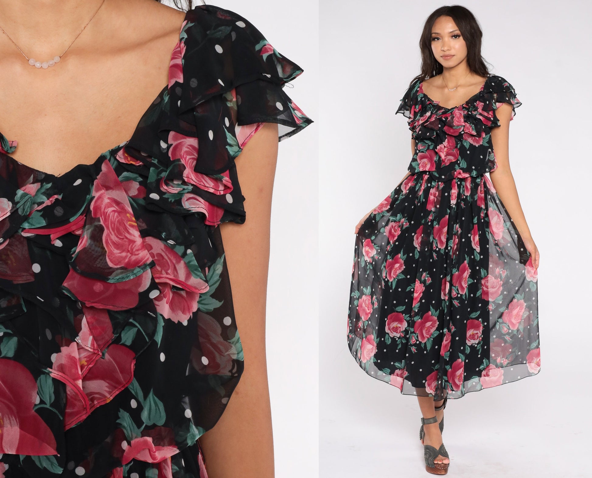 80s Black Floral Chiffon Midi Dress Rose Polka Dot Ruffled Flutter Sleeve Small