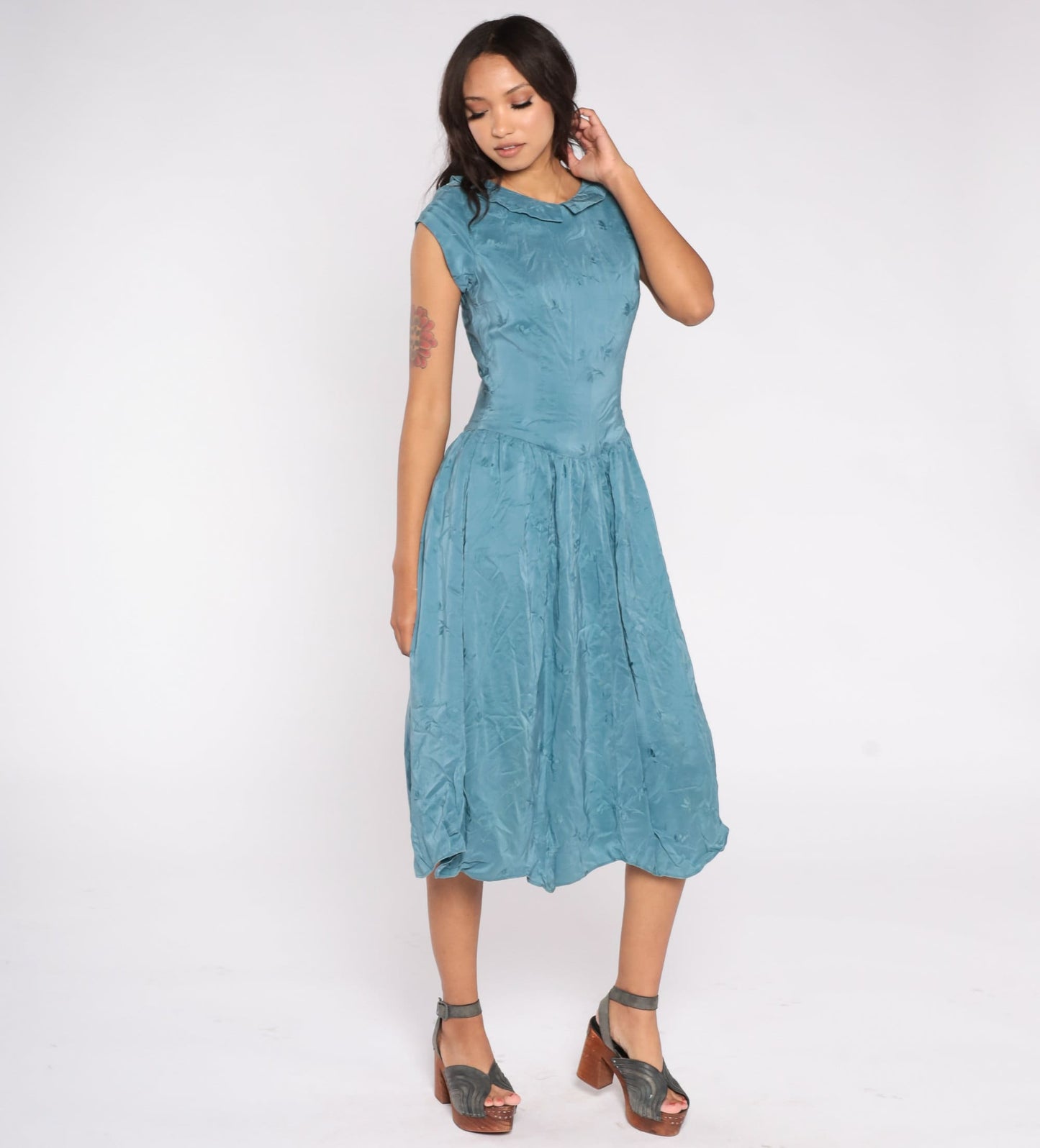 70s Blue Floral Mini Dress Silk Cap Sleeve Low Waist Peter Pan Collar Extra Small