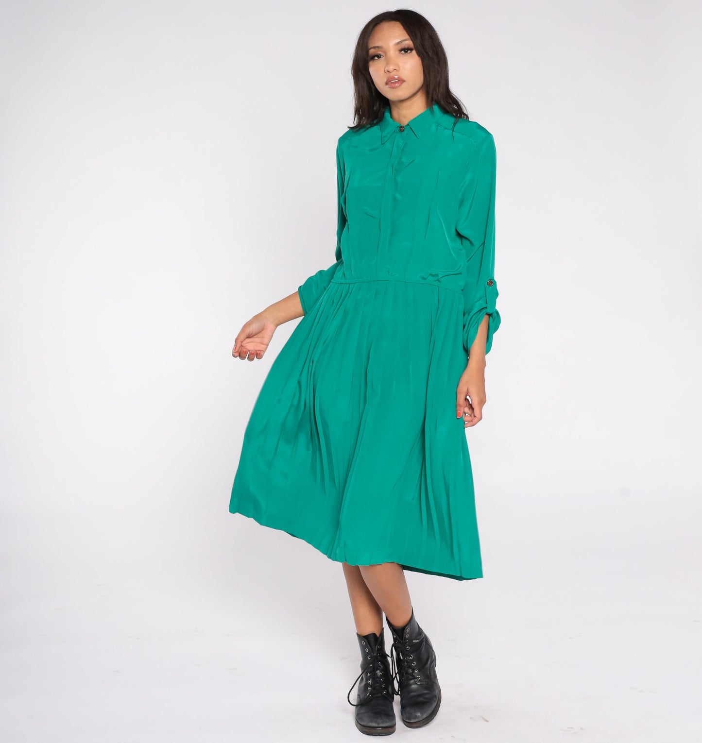 80s Green Satin Shirtdress Pleated High Waist Button-Up Midi Large