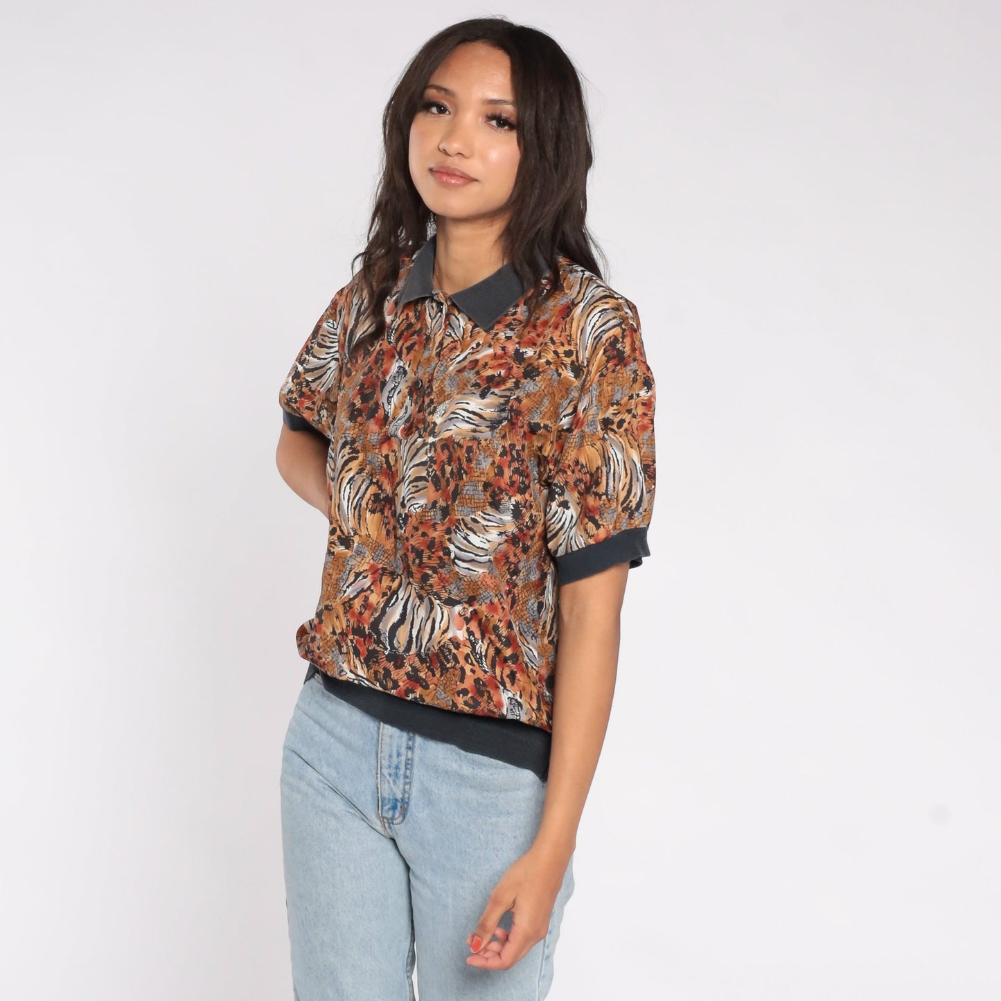 90s Leopard Tiger Print Polo Shirt Slouchy Collared Top Medium