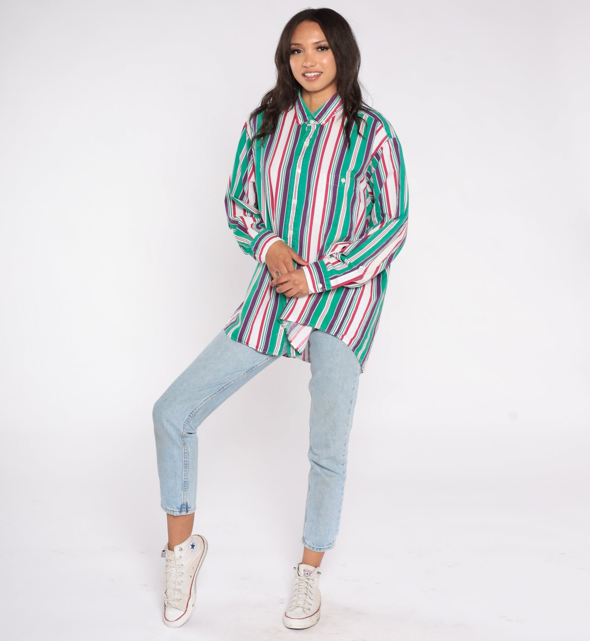 90s Sears Roebuck Striped Cotton Button-Up Shirt Green Purple Extra Large