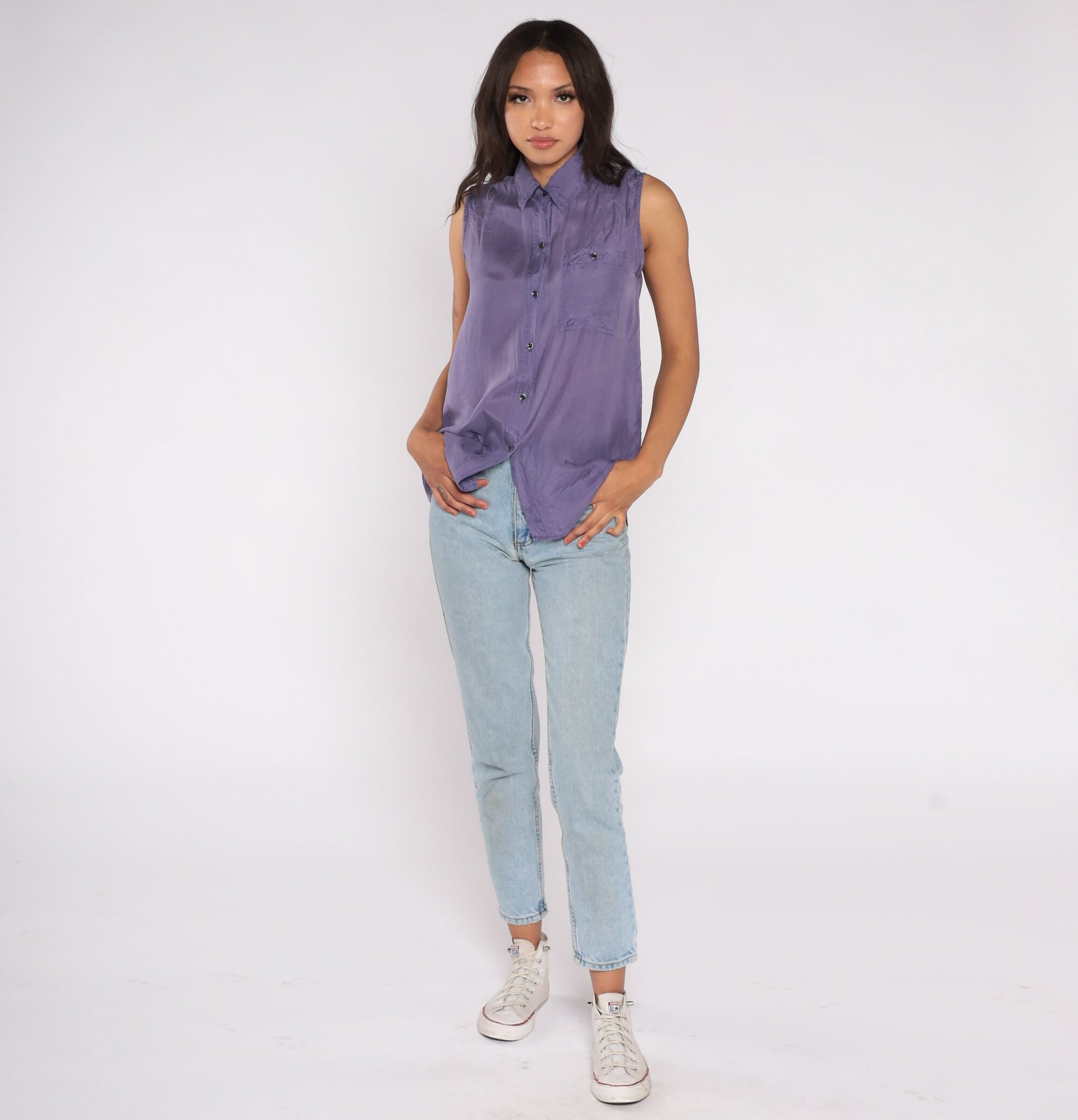 90s Jonathan Martin Purple Silk Sleeveless Button-Up Blouse Medium