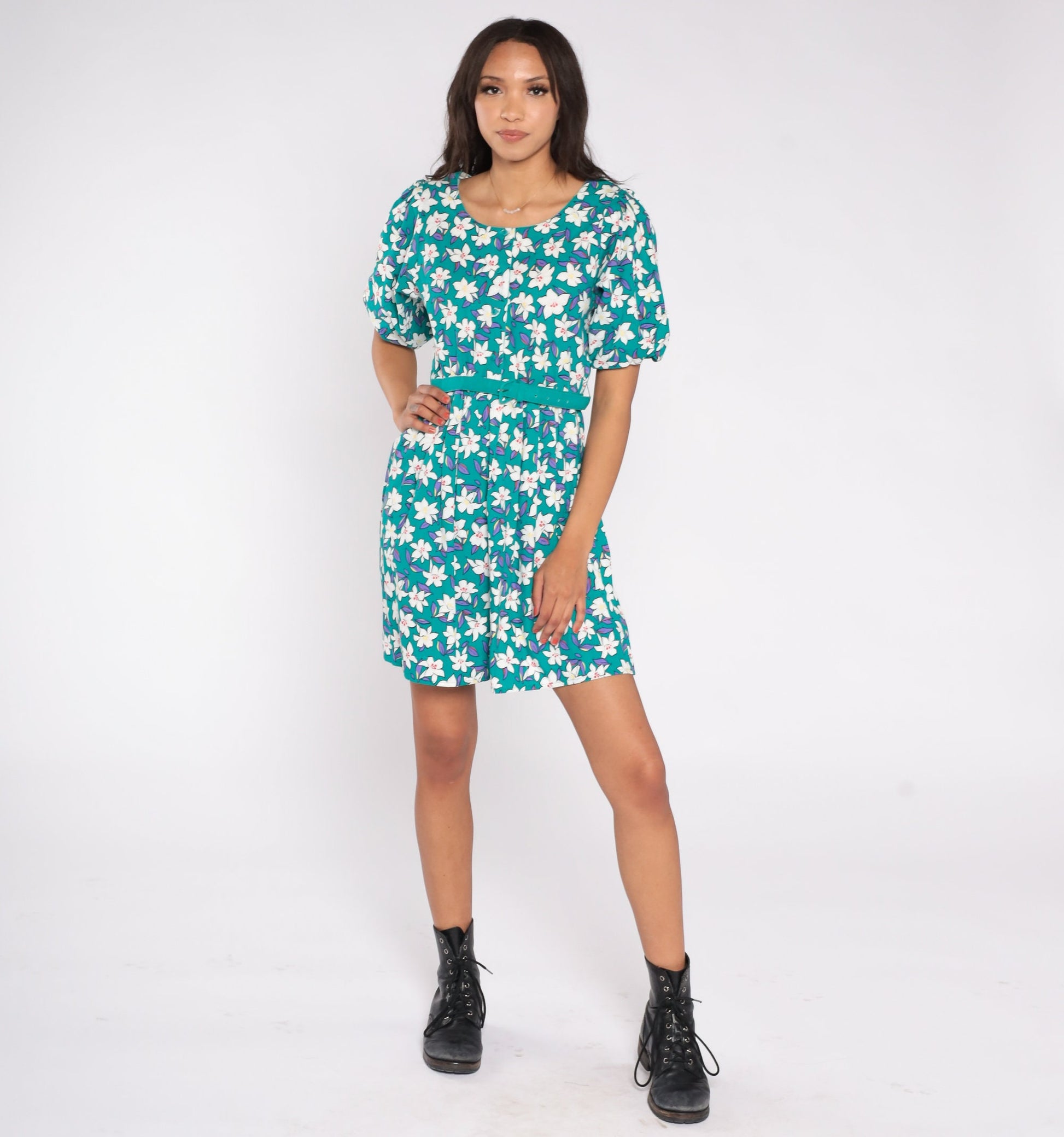 80s Petite by Willi Floral Mini Dress Teal Puff Sleeve Button-Up Small
