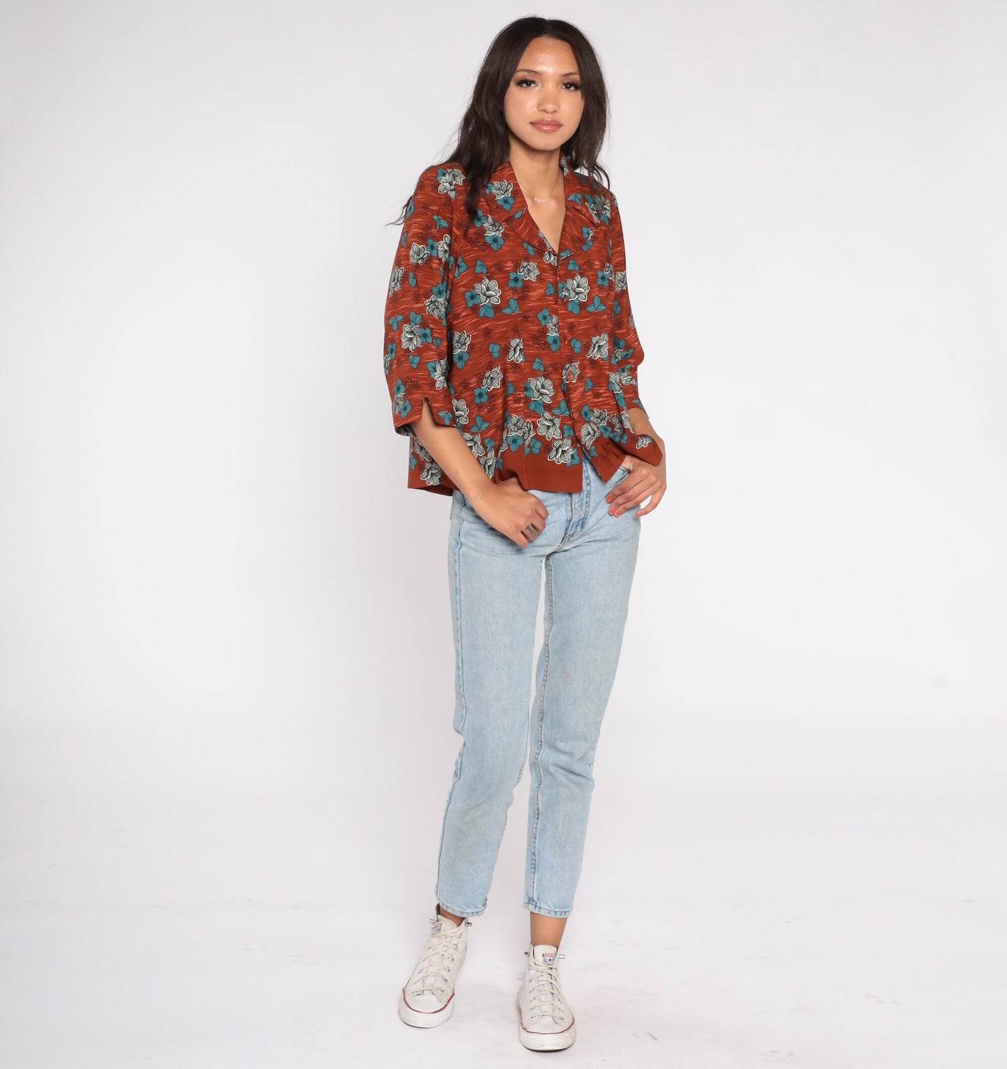80s Floral Button-Up Blouse Brown Burnt Orange Flower Print 3/4 Sleeve Medium