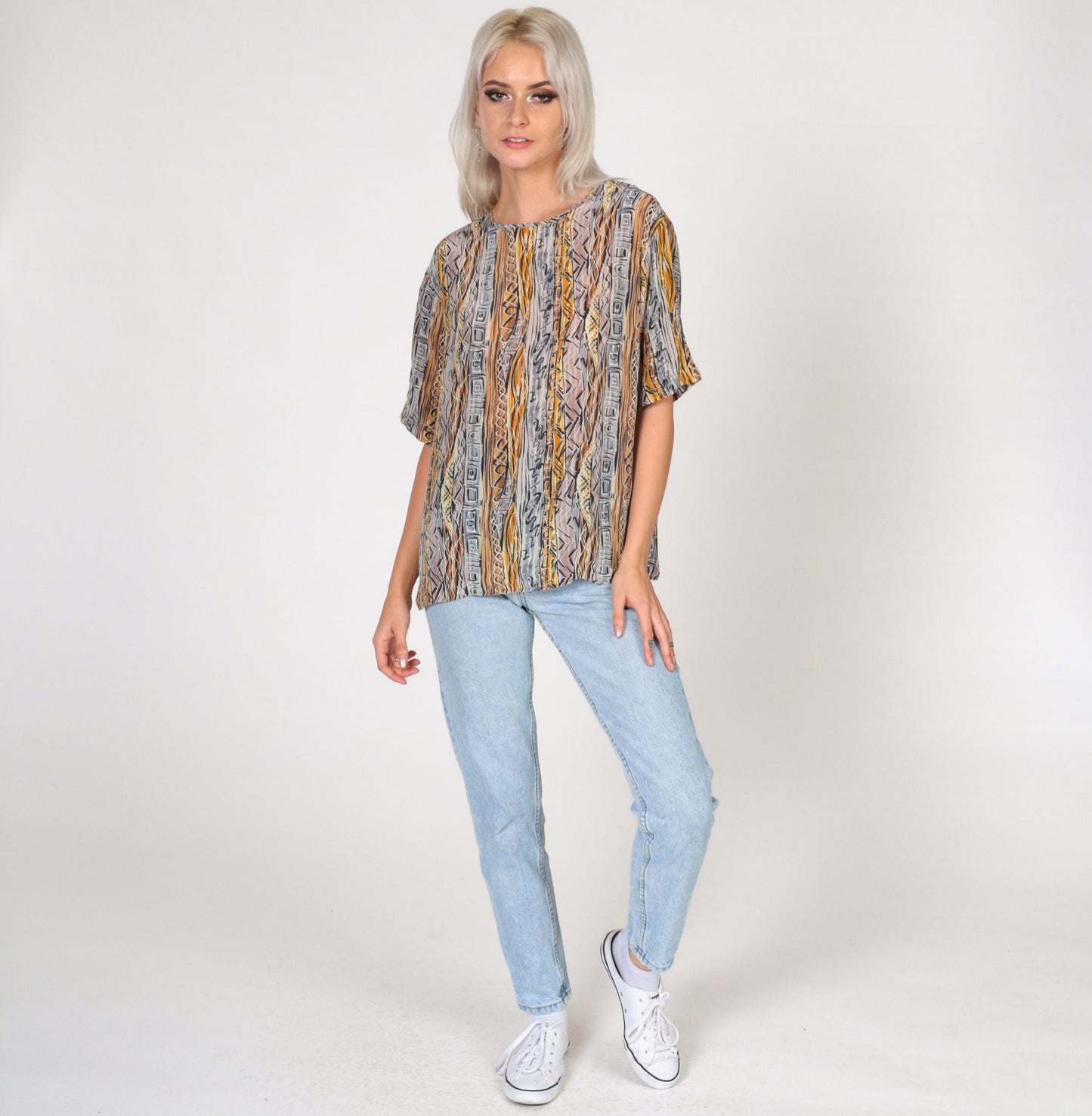 90s Silk Shirt Abstract Geometric Print Short Sleeve Blouse Medium