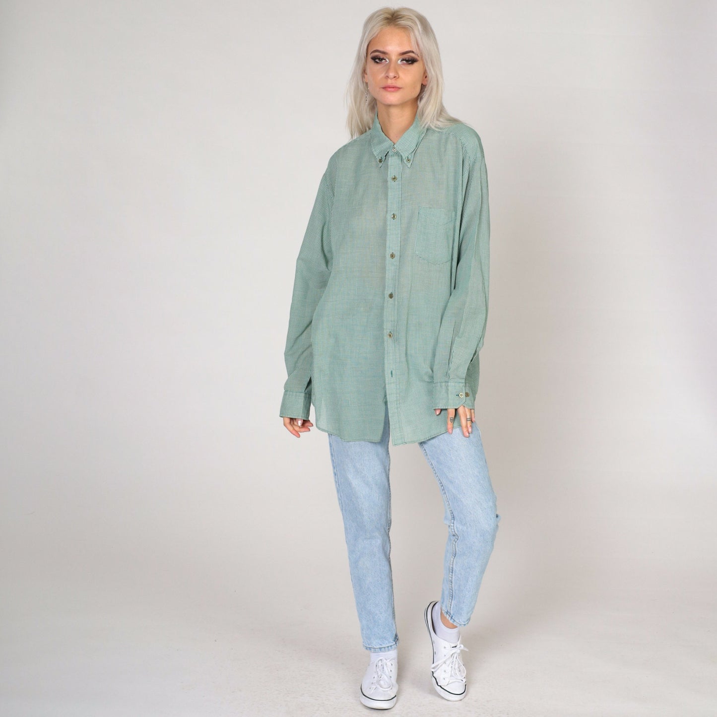 80s Steeple Chase Green White Gingham Button-Up Shirt Large