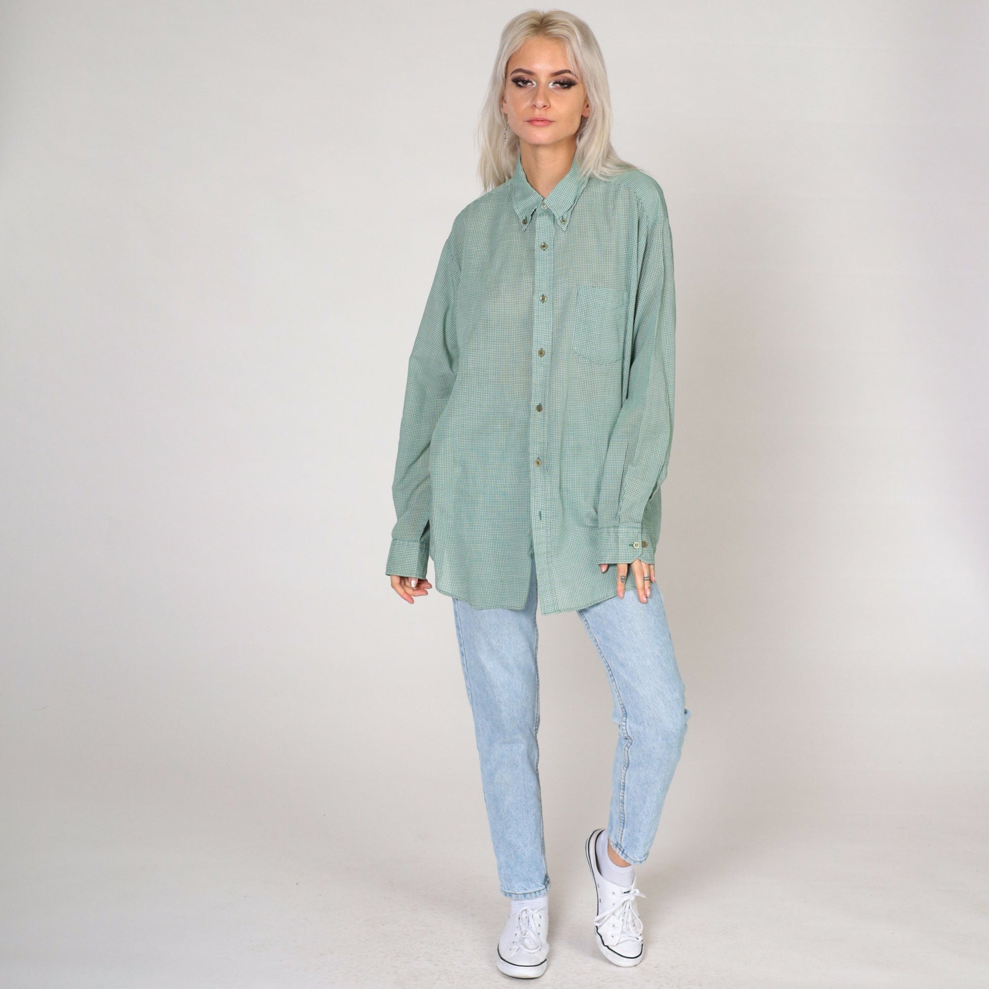 80s Steeple Chase Green White Gingham Button-Up Shirt Large