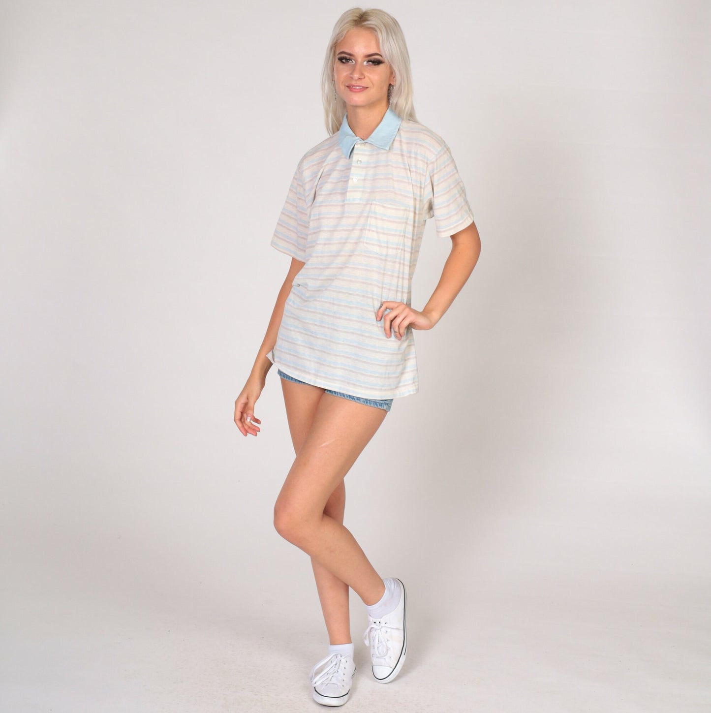 80s Striped Polo Shirt White Burnout Blue Collar Quarter Button Medium