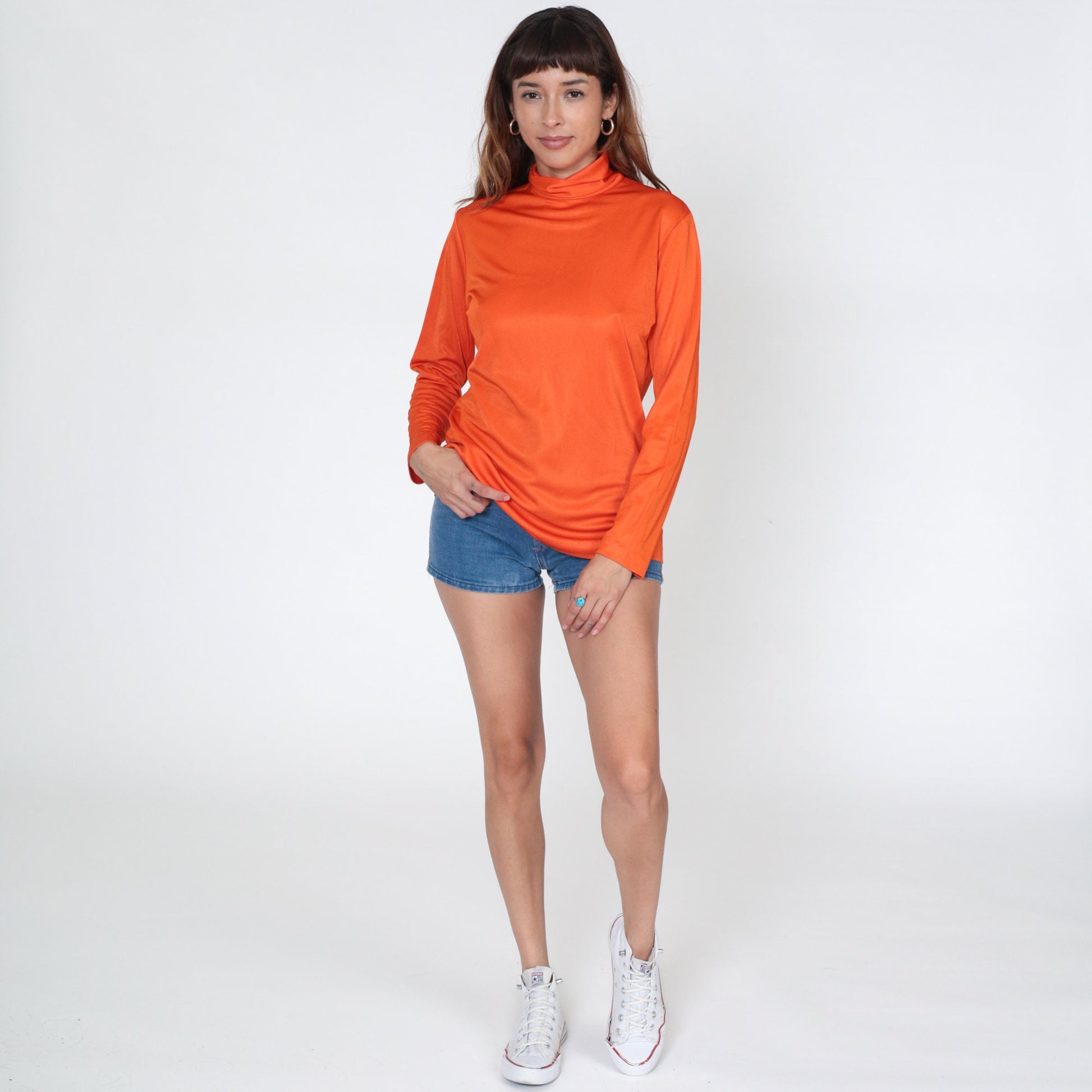 70s Orange Turtleneck Long Sleeve Blouse Rear Zipper Medium M