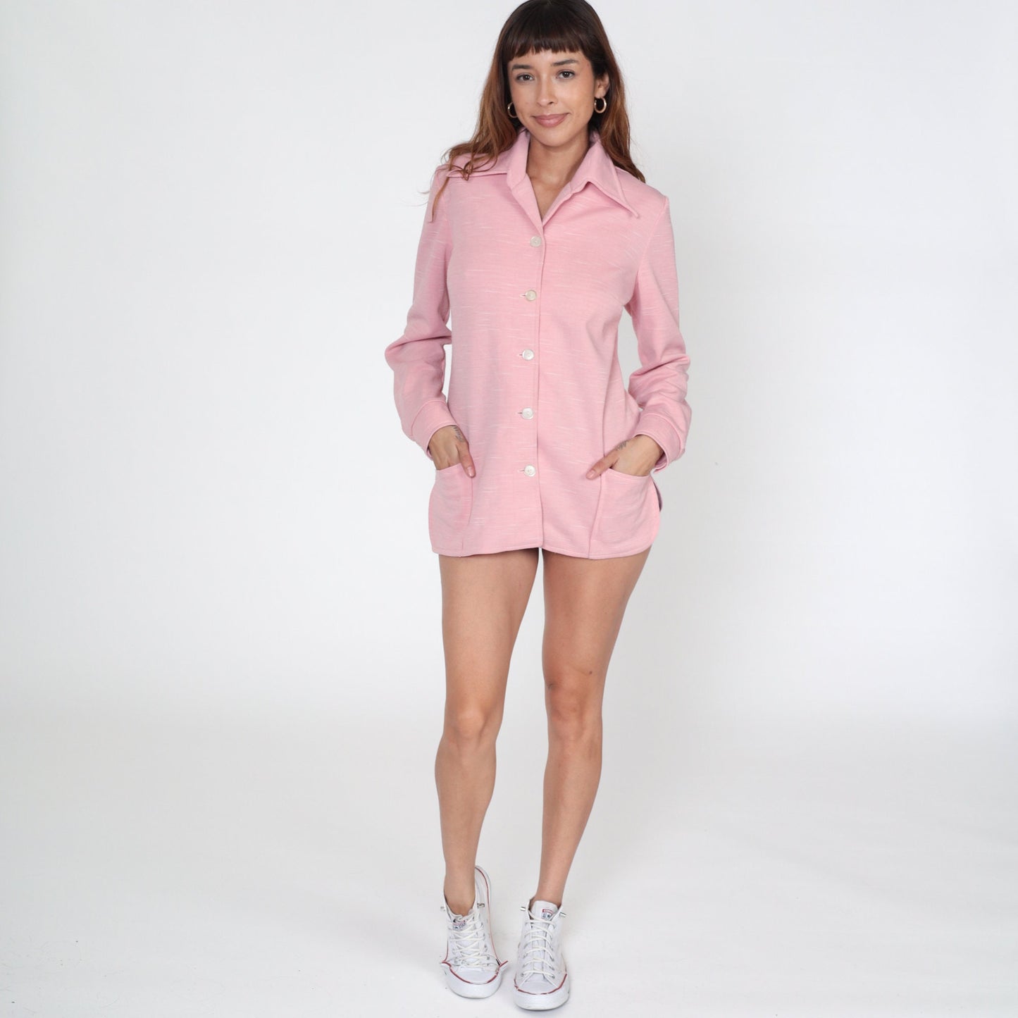70s Pink Dagger Collar Button-Up Blouse Long Sleeve Disco Shirt Medium