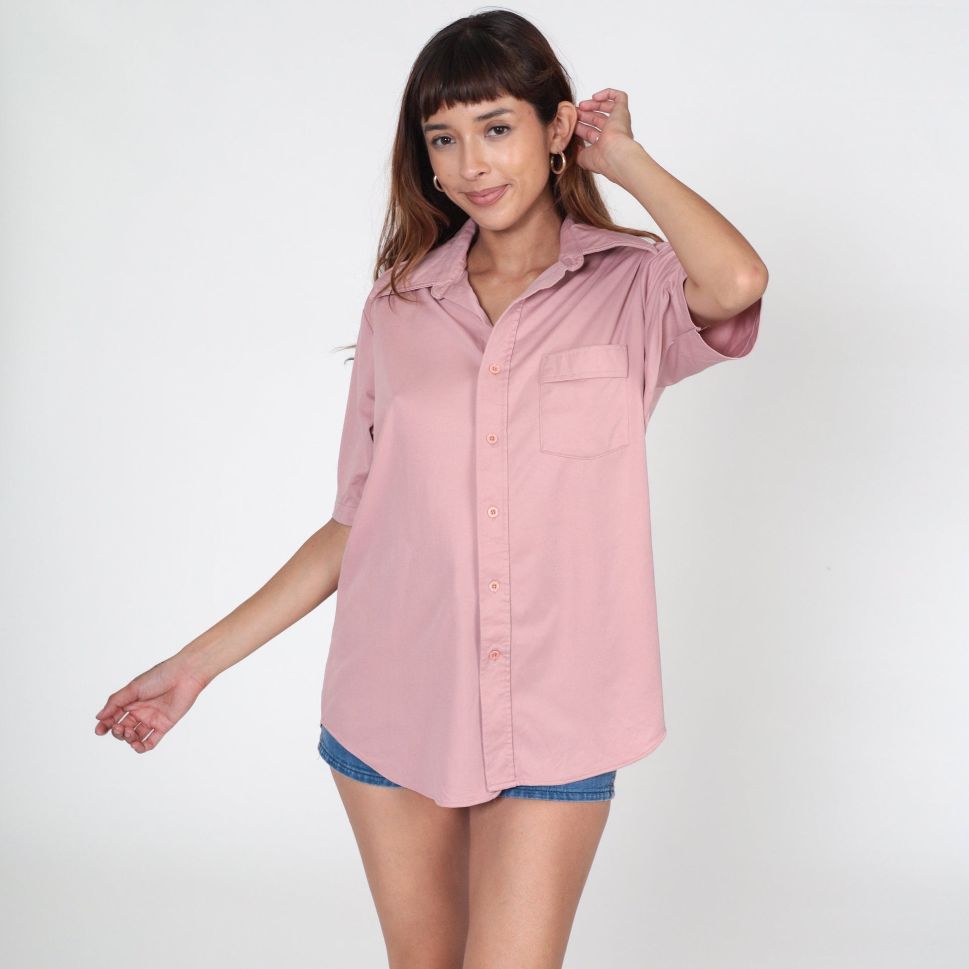 70s Dusty Pink Button-Up Shirt Dagger Collar Short Sleeve Men's Large