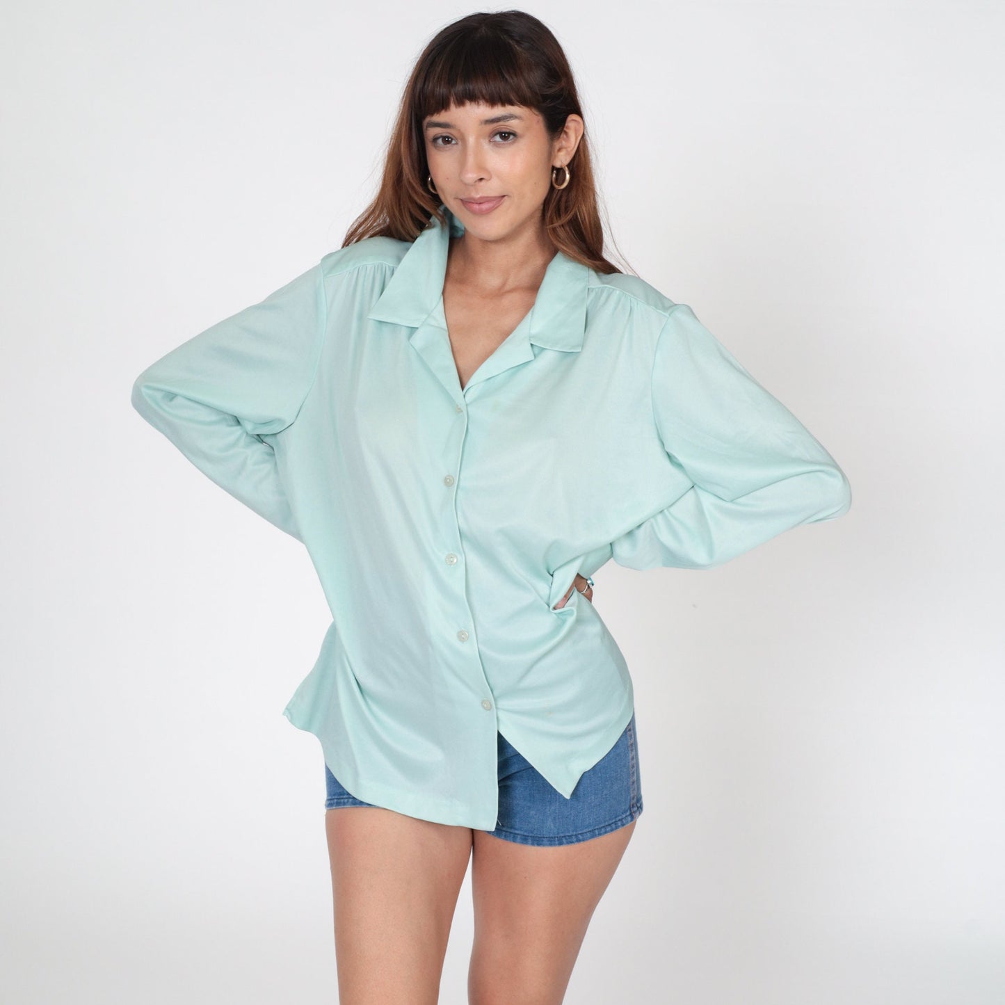 Y2K Mint Blue Button-Up Blouse Long Sleeve 00s Collared Plus Size XXL