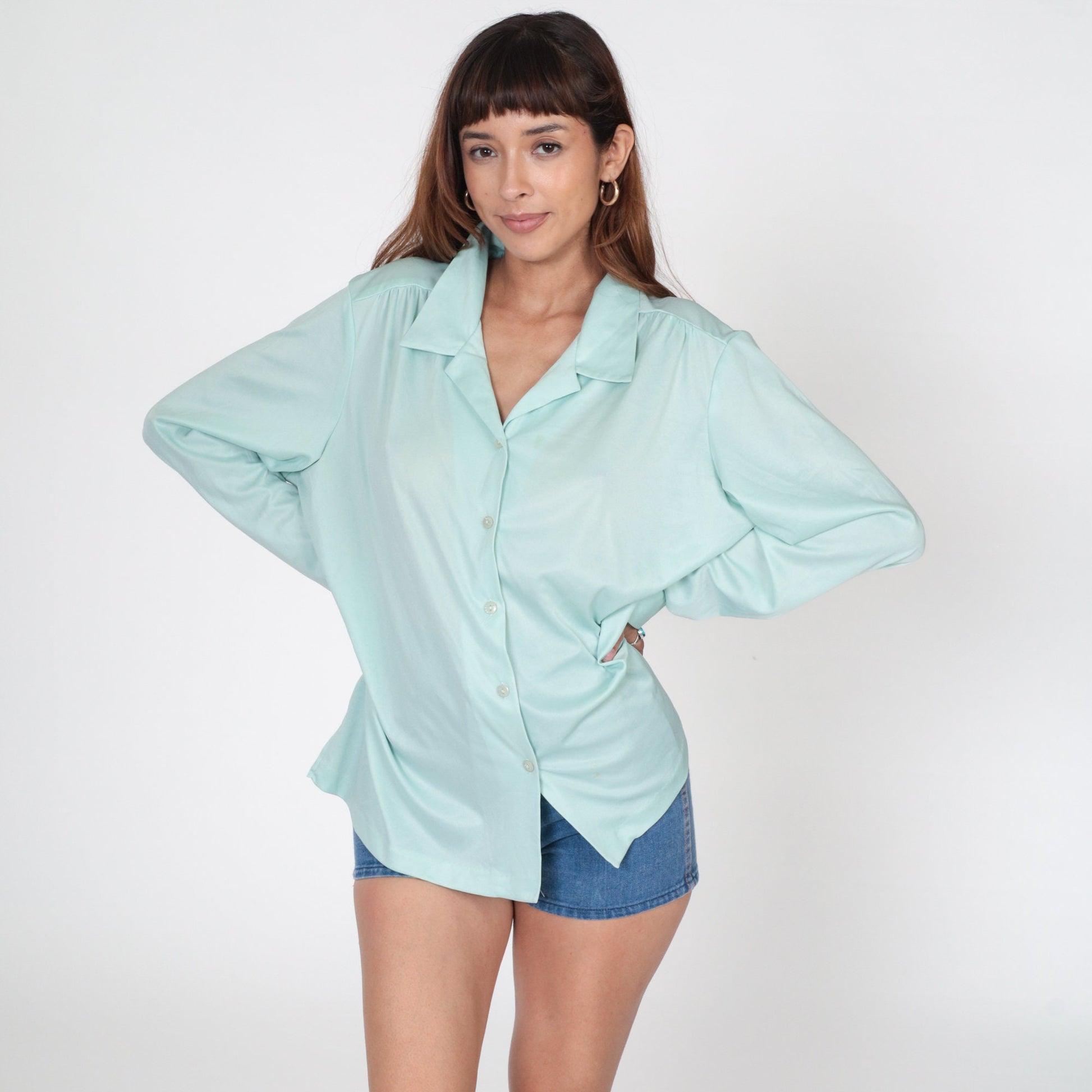 Y2K Mint Blue Button-Up Blouse Long Sleeve 00s Collared Plus Size XXL