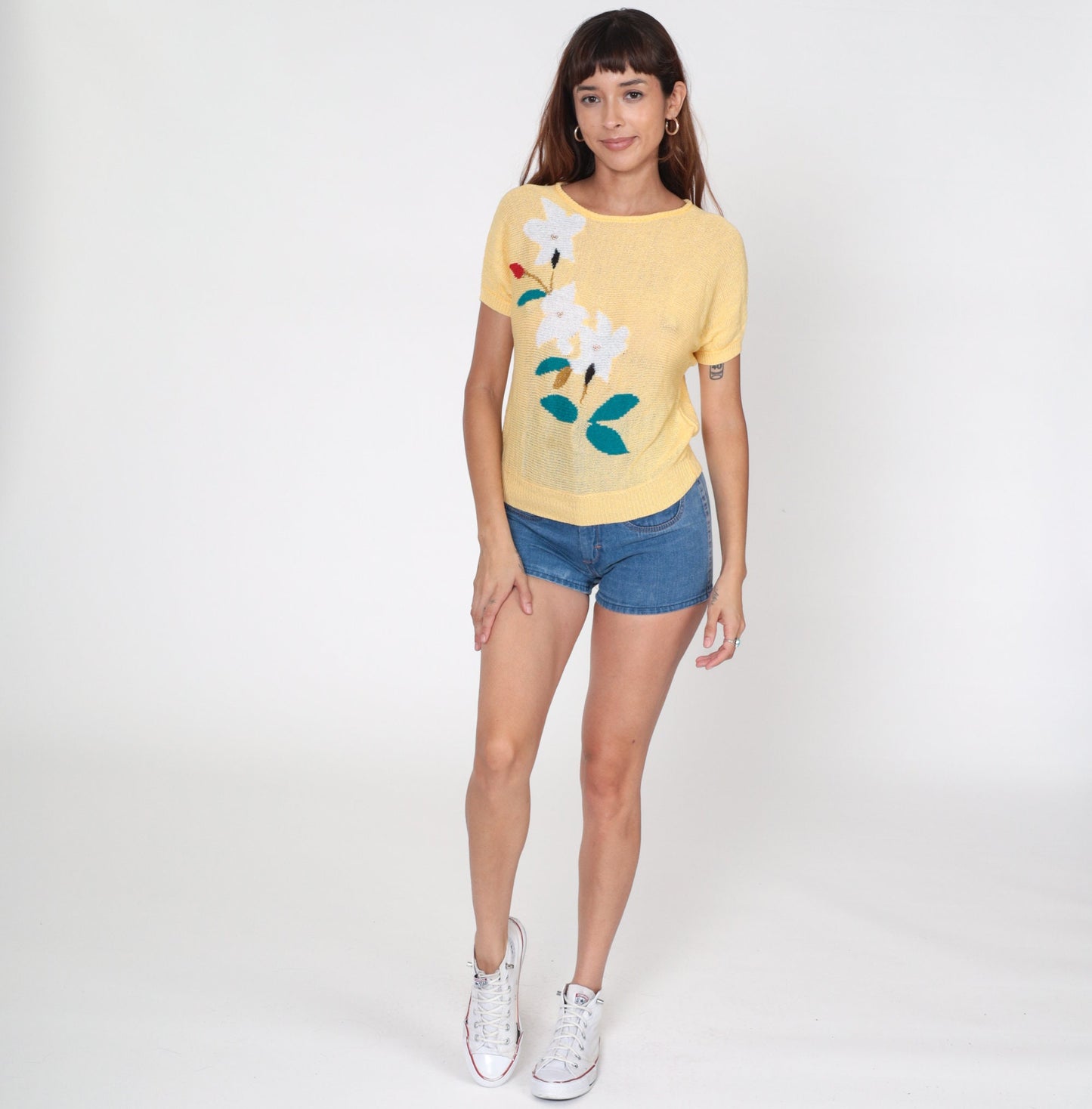 80s Beaded Floral Yellow Knit Top Short Sleeve Slouchy Blouse Extra Small XS