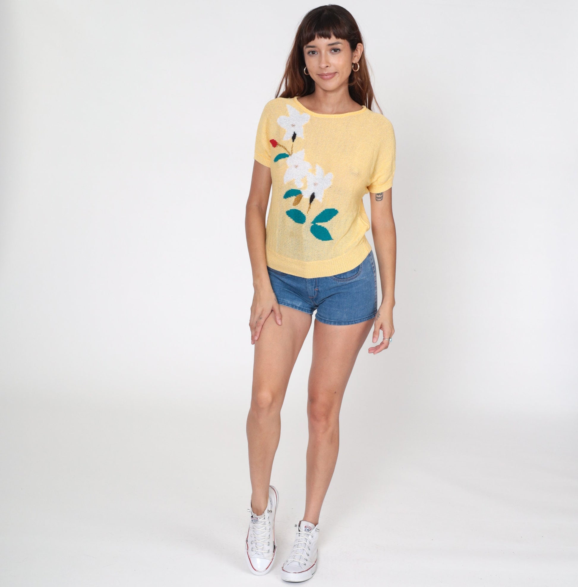 80s Beaded Floral Yellow Knit Top Short Sleeve Slouchy Blouse Extra Small XS