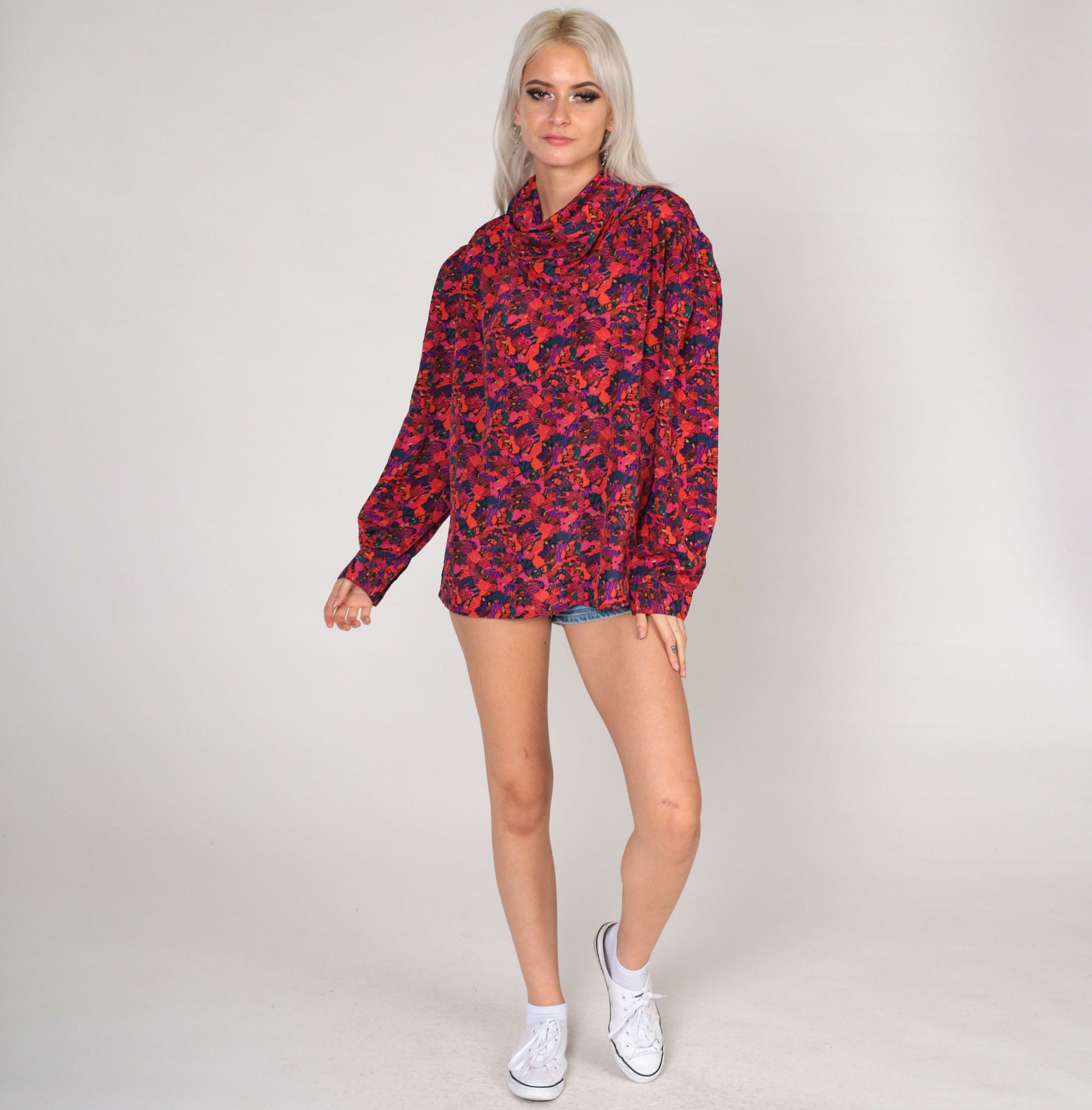 80s Abstract Print Cowl Neck Blouse Long Sleeve Purple Pink Orange Large L