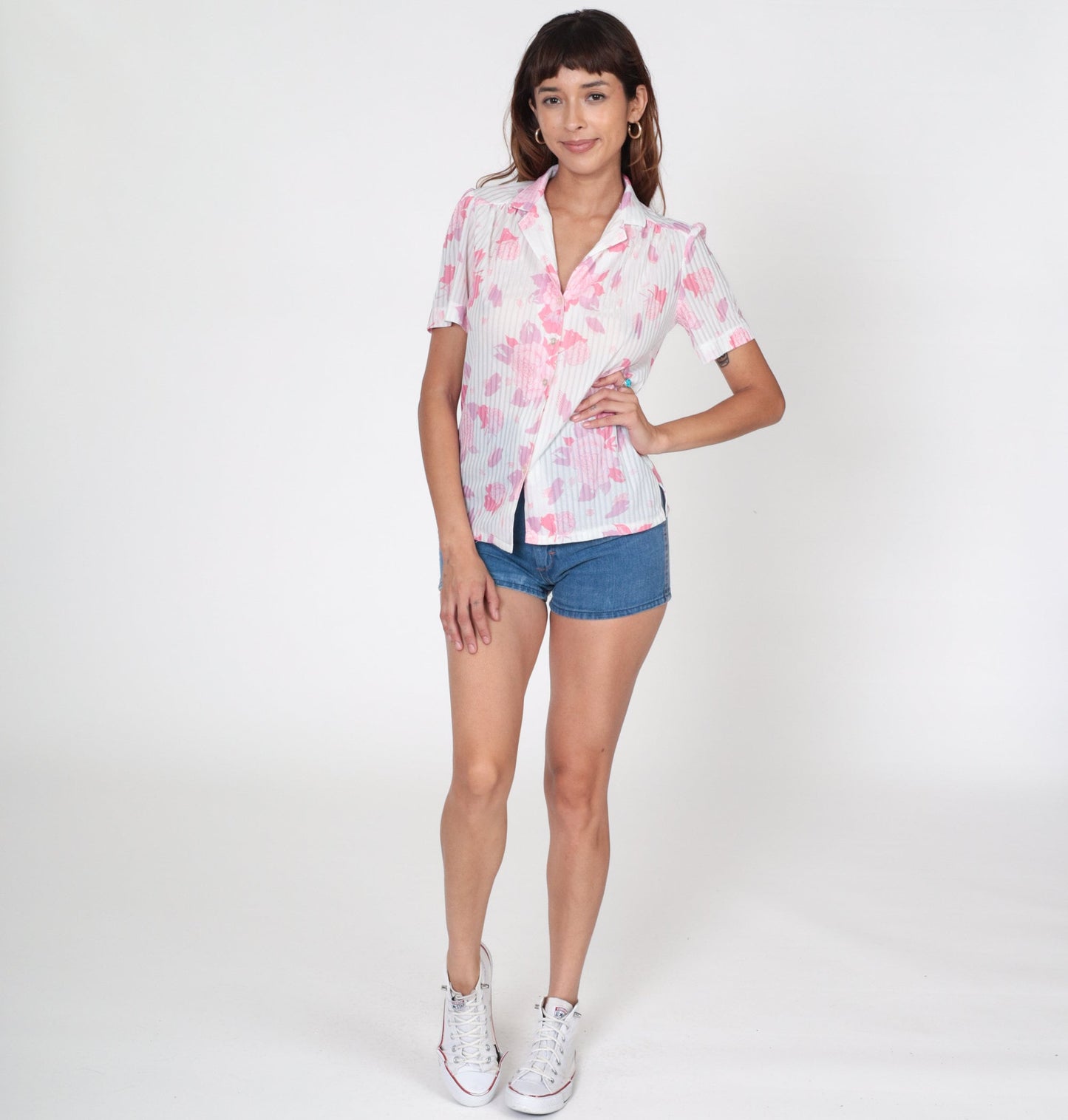 70s Graff Floral Button-Up Blouse White Puff Sleeve Small