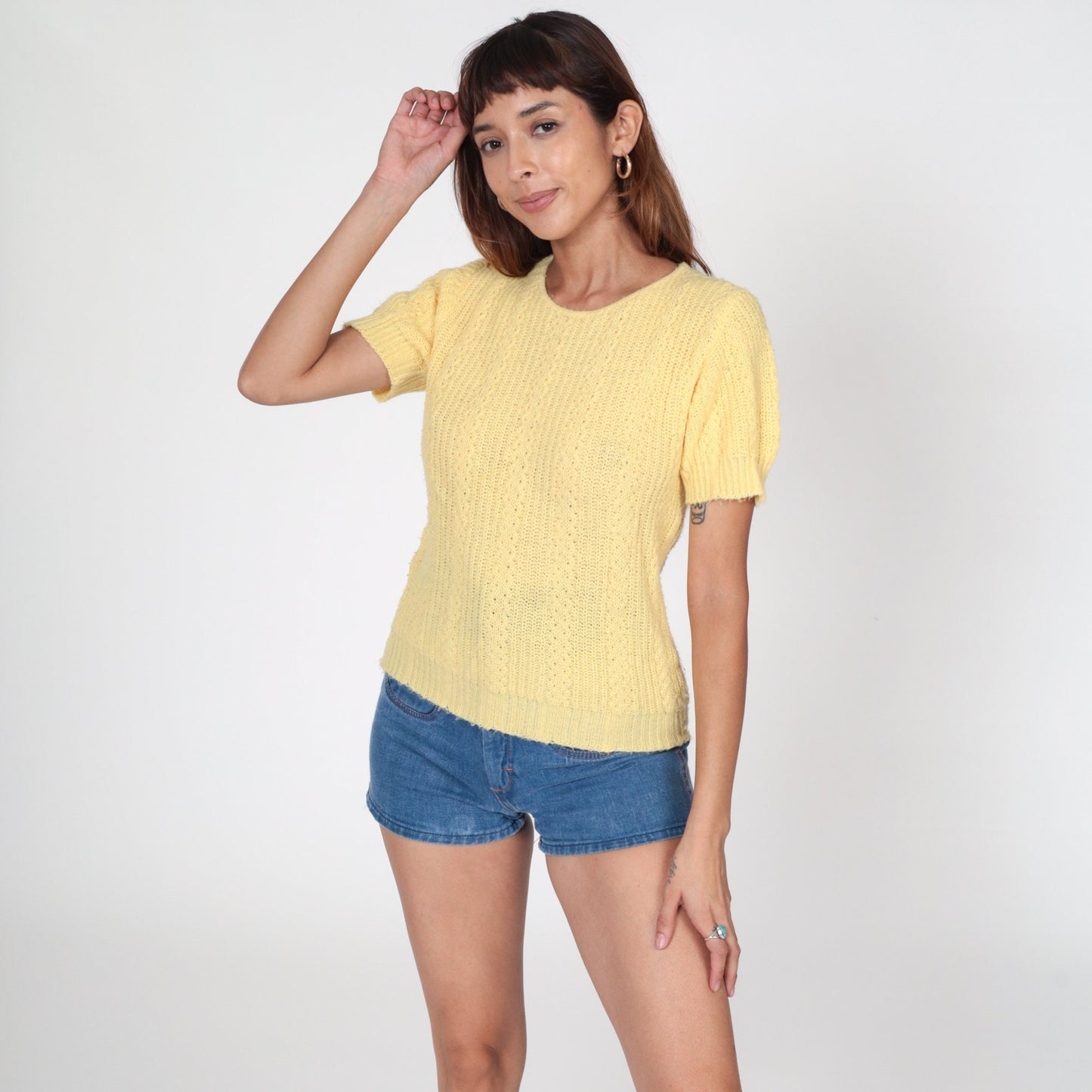 80s Light Yellow Knit Short Sleeve Top Small S