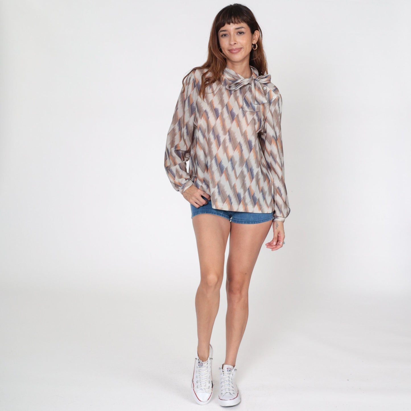 70s Checkered Ascot Blouse Taupe Orange Blue Long Sleeve Neck Tie Top Large L