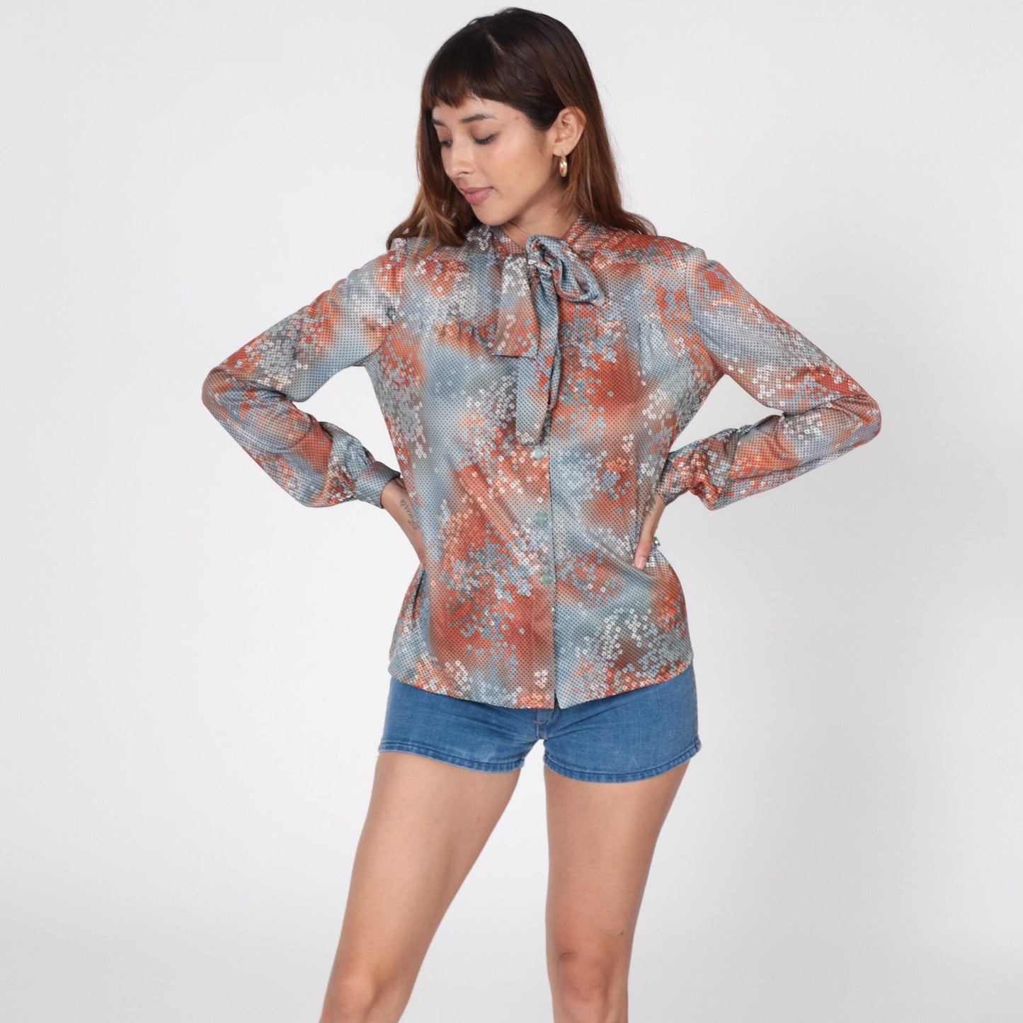 70s Ascot Bow Blouse Polka Dot Abstract Print Burnt Orange Blue Medium