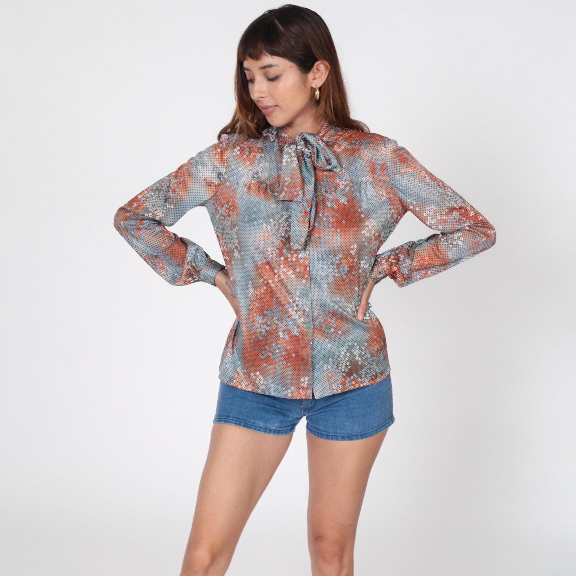 70s Ascot Bow Blouse Polka Dot Abstract Print Burnt Orange Blue Medium