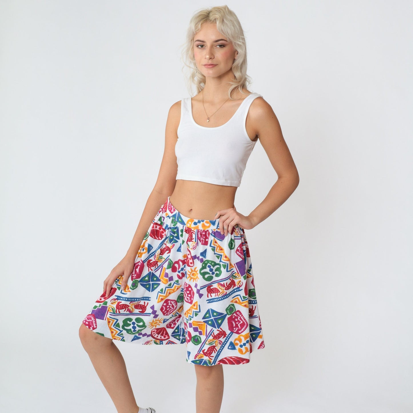 90s Geometric Animal Print High Waisted Shorts White Cotton Medium
