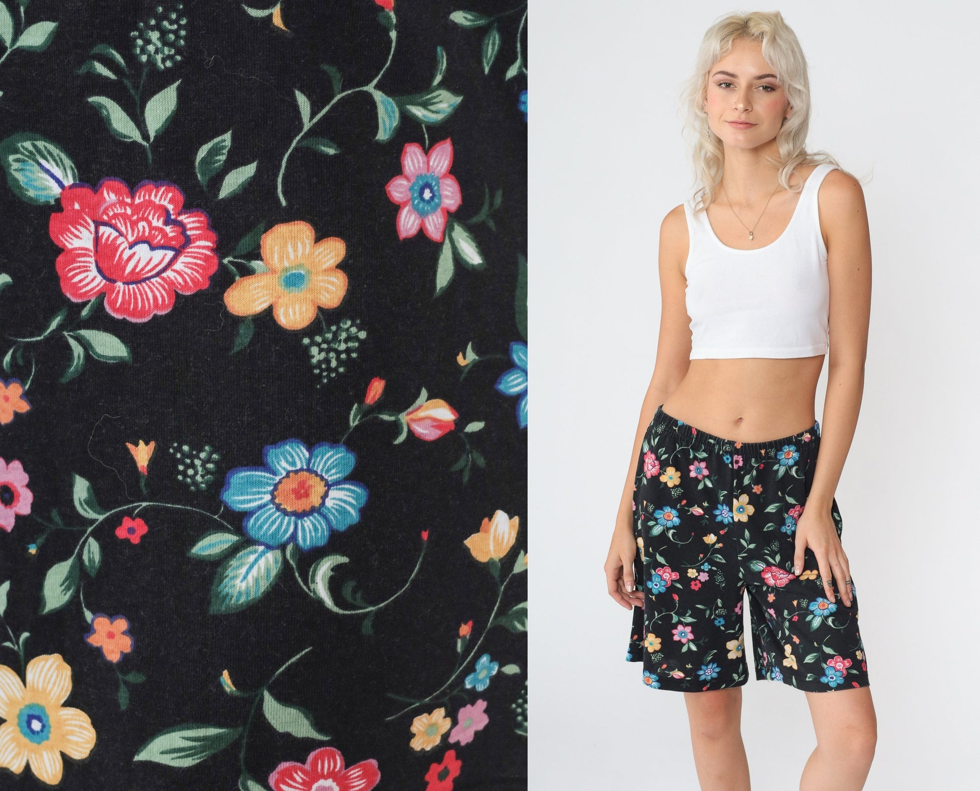 90s Black Floral High-Waisted Bermuda Shorts Elastic Waist Small Medium