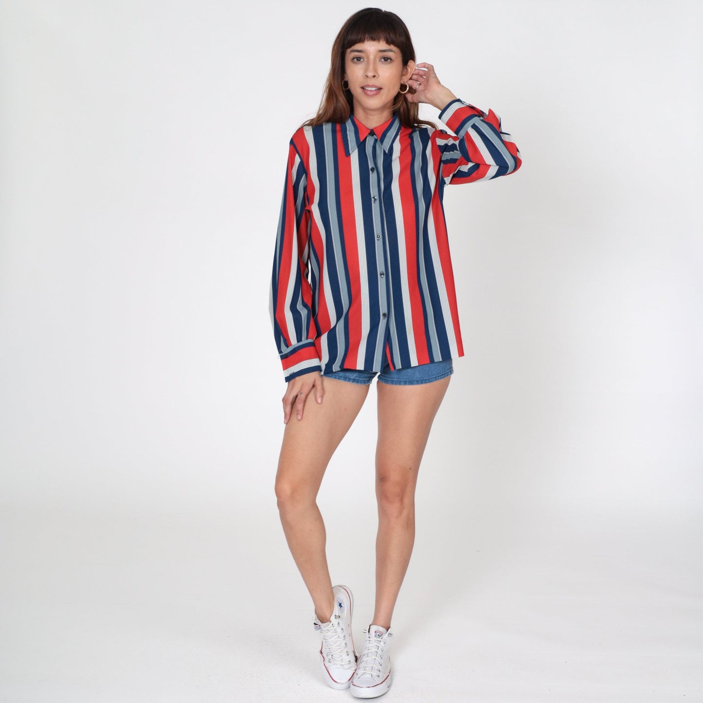 70s Striped Button Up Blouse Red White Blue Pointed Collar Long Sleeve Large