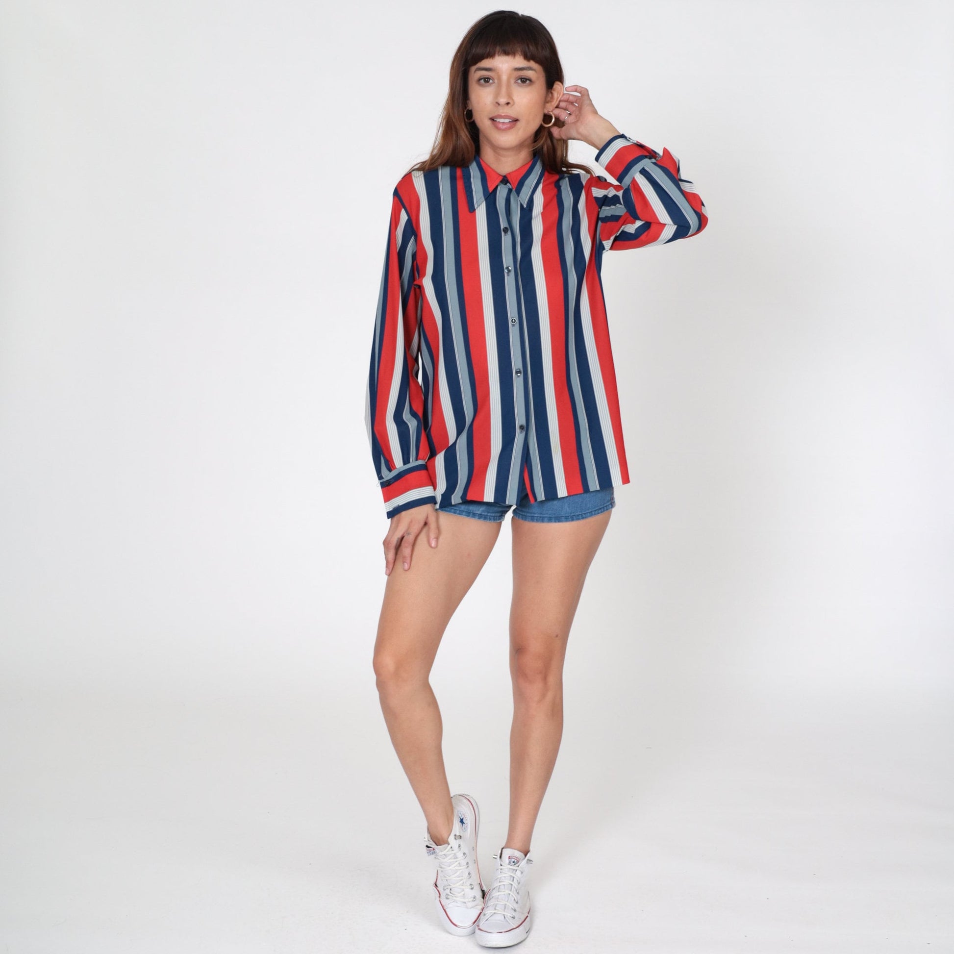 70s Striped Button Up Blouse Red White Blue Pointed Collar Long Sleeve Large