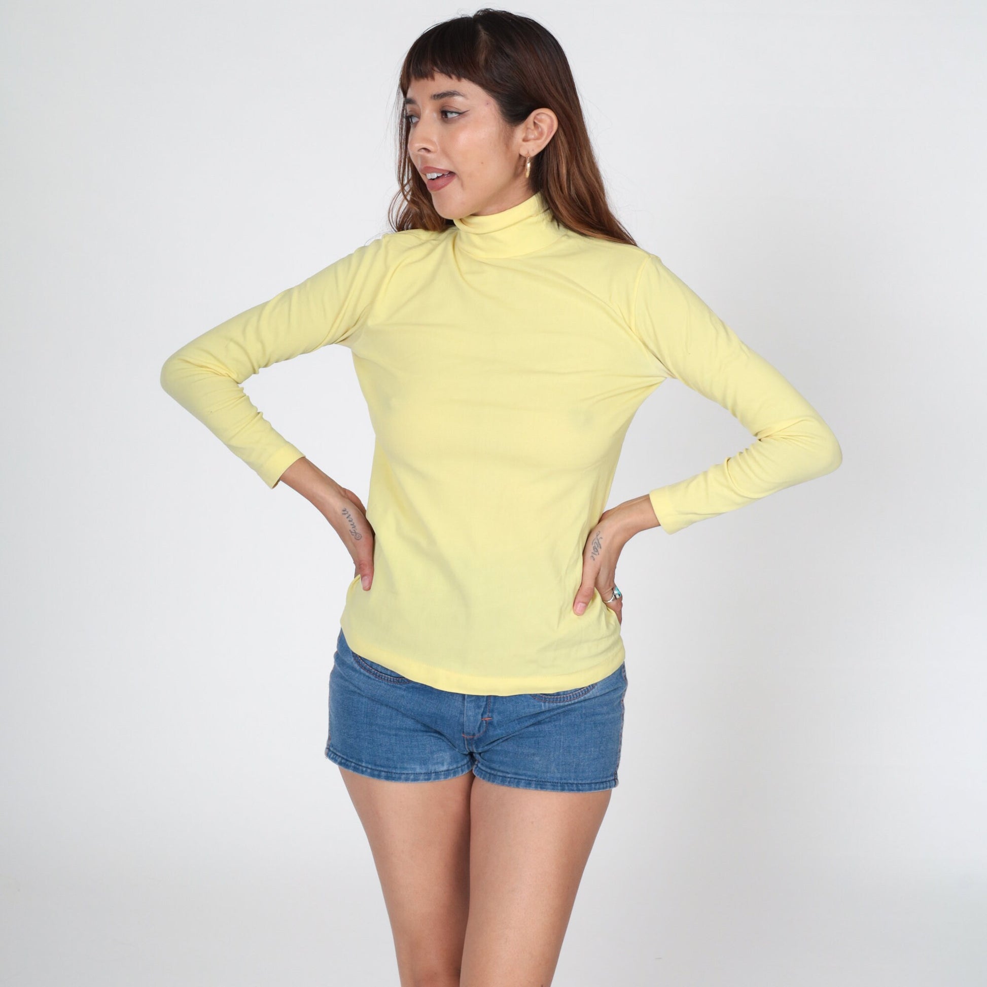 70s Yellow Turtleneck Long Sleeve Blouse Rear Zipper Small
