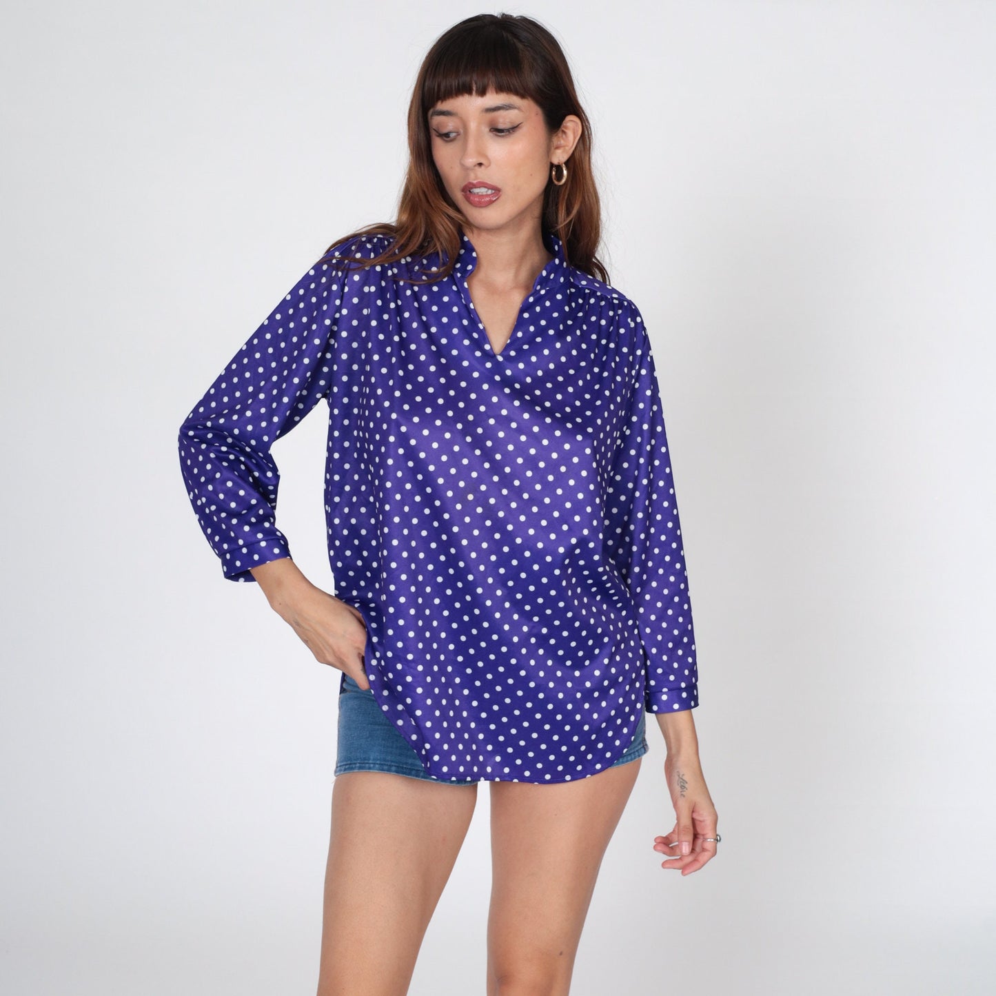 70s Purple Polka Dot Blouse Long Sleeve V Neck Collared Shirt Large 12