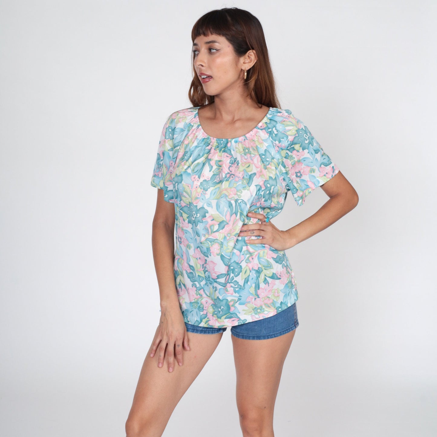 70s Floral Peasant Blouse Raglan Sleeve Elastic Neckline Small Medium